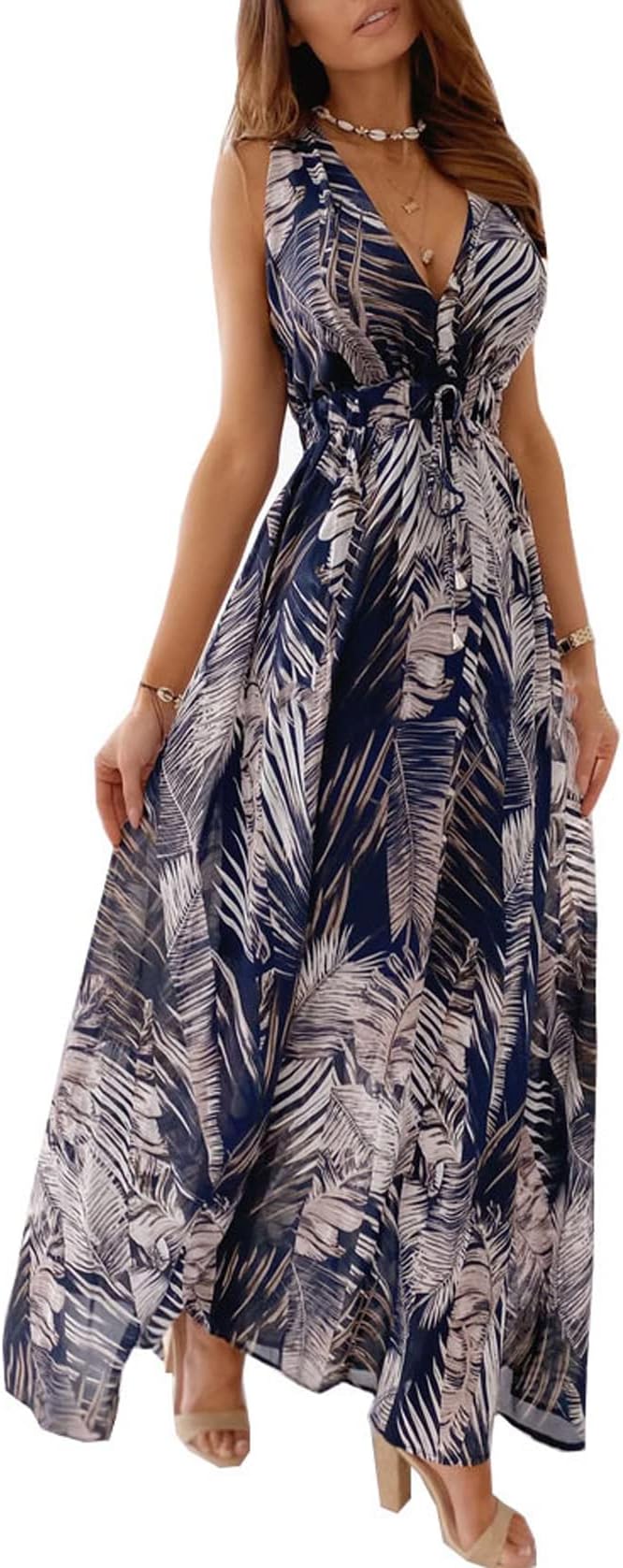 Maxi Dresses for Women Summer Beach Floral Dress V Neck Sleeveless