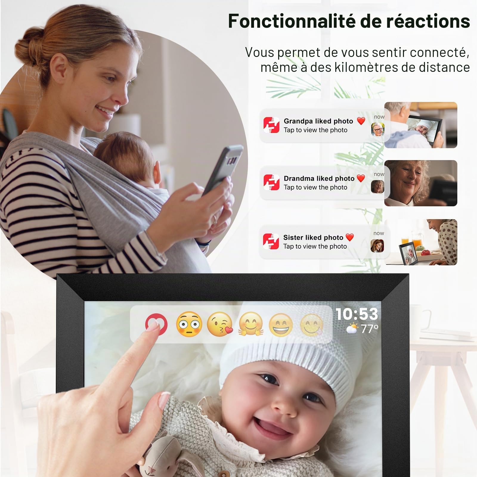 Hesmor 64 Go Cadre Photo numérique Frameo WiFi 10,1", écran Tactile LCD IPS 1280 x 800, Rotation Automatique et Audio, Partage de Photos ou de vidéos Via l'application Frameo n'importe oùn, Noir