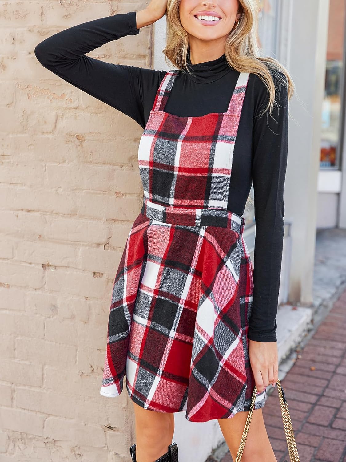 CUPSHE Women's Overall Dress Square Neck Plaid Sleeveless Casual Short A Line Cute Fall Mini Pinafore Dresses - Image 2