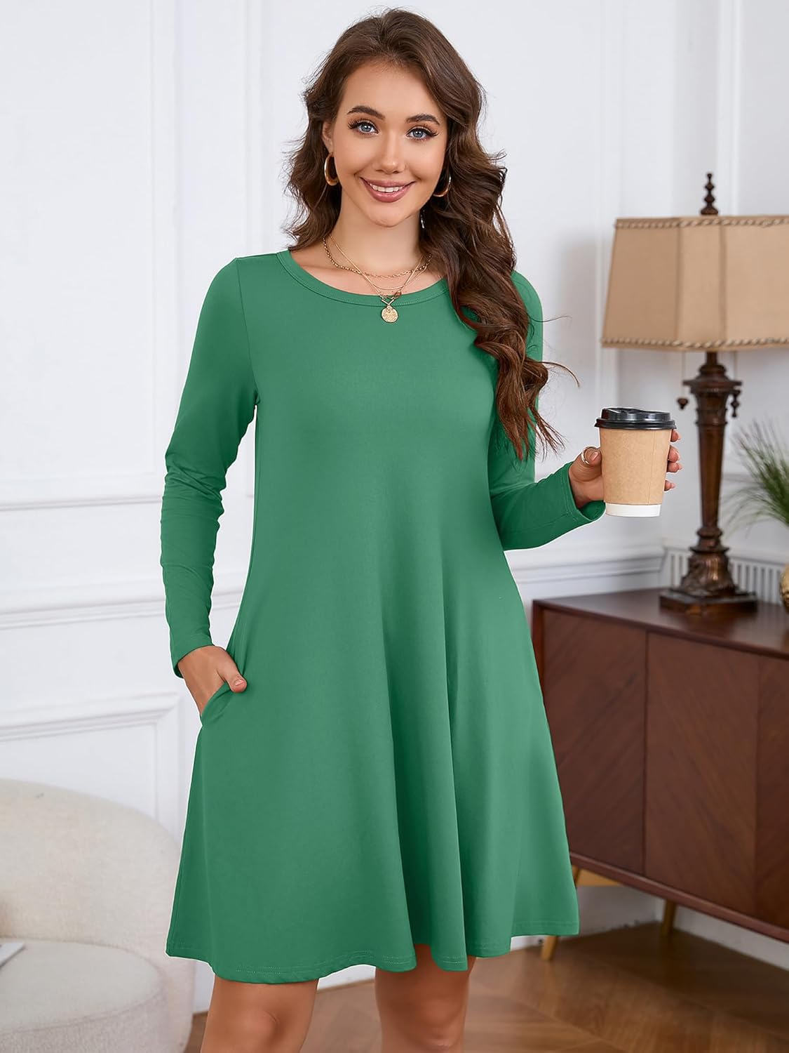 KORSIS Women Long Sleeve Tops T-Shirt Dresses Round Neck Casual A-Line Loose Swing Vocation Fall Winter Dress with Pockets - Image 2