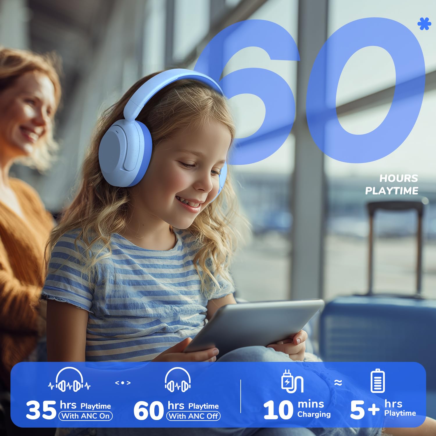 iClever Auriculares con cancelación de ruido para niños, Bluetooth, tiempo de reproducción de 60 horas, volumen seguro de 80 dBA, ajuste cómodo, Bluetooth 5.4, galardonados auriculares para niños