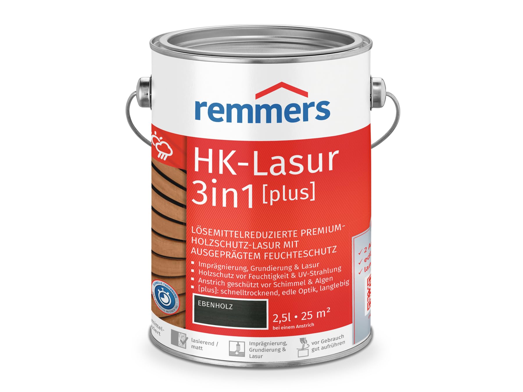 Remmers HK Impregnante 3 in 1 [plus] per legno di ebano, opaco, 2,5 l, con riduzione dei solventi, per esterni, 3 in 1, ad asciugatura rapida, durevole