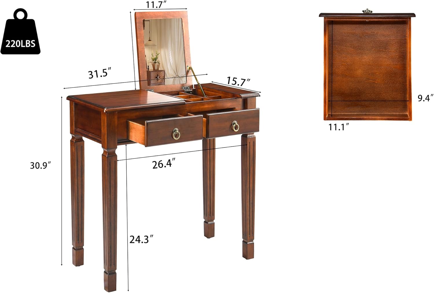 LEEMTORIG 31.5" Solid Wood Small Vanity Desk with Flip-top Mirror, Compact Wooden Writing Desk with Drawers, 3 in 1 Secretary Desk/Dressing Table/Nightstand for Small Space, Cherry Walnut SZT-D0036