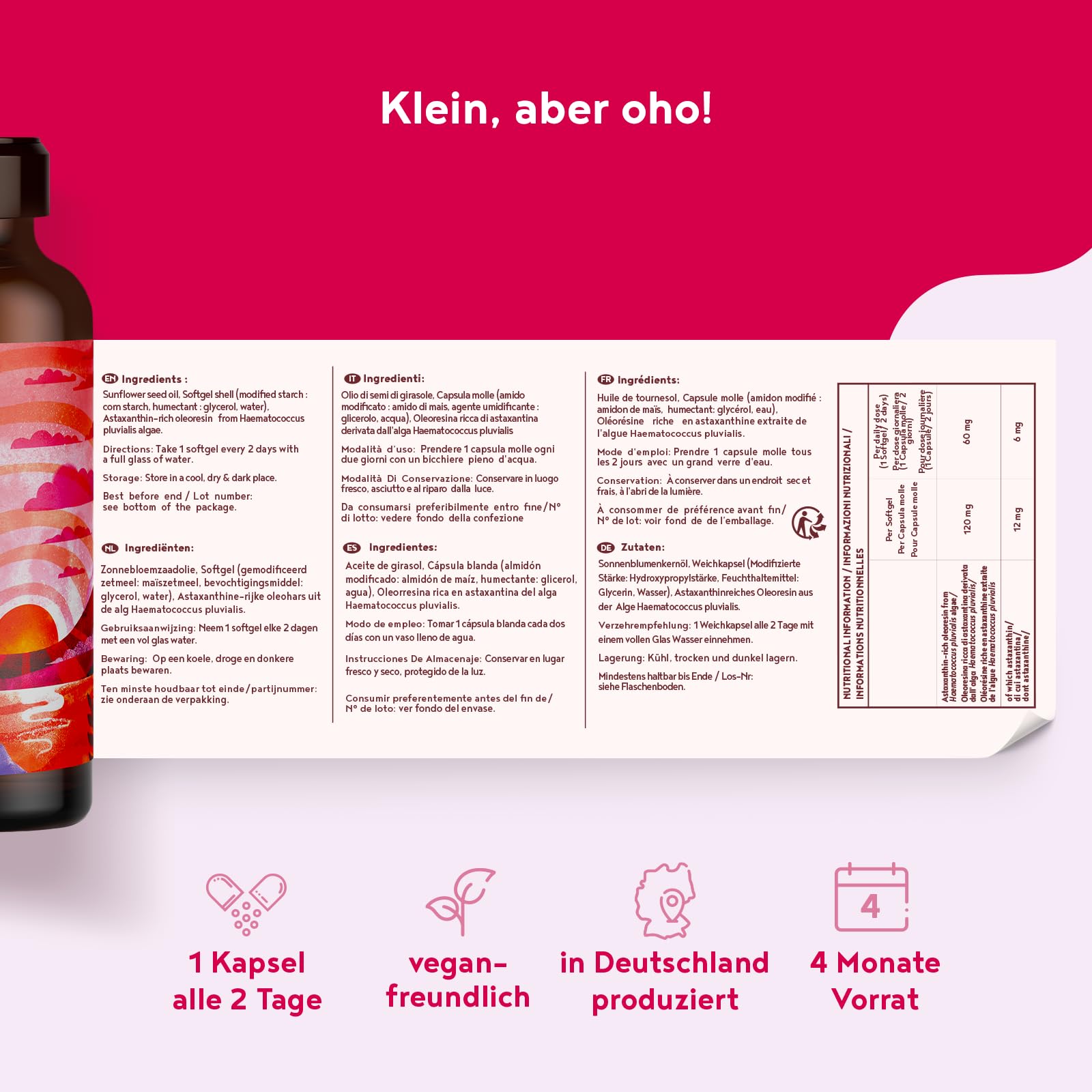 Alpha Foods Astaxanthin Hochdosiert 12mg, 60 Depot Softgel Kapseln (4 Monate Vorrat, 1 Kapsel jeden zweiten Tag), Haematococcus Pluvialis, vegan, hohe Bioverfügbarkeit