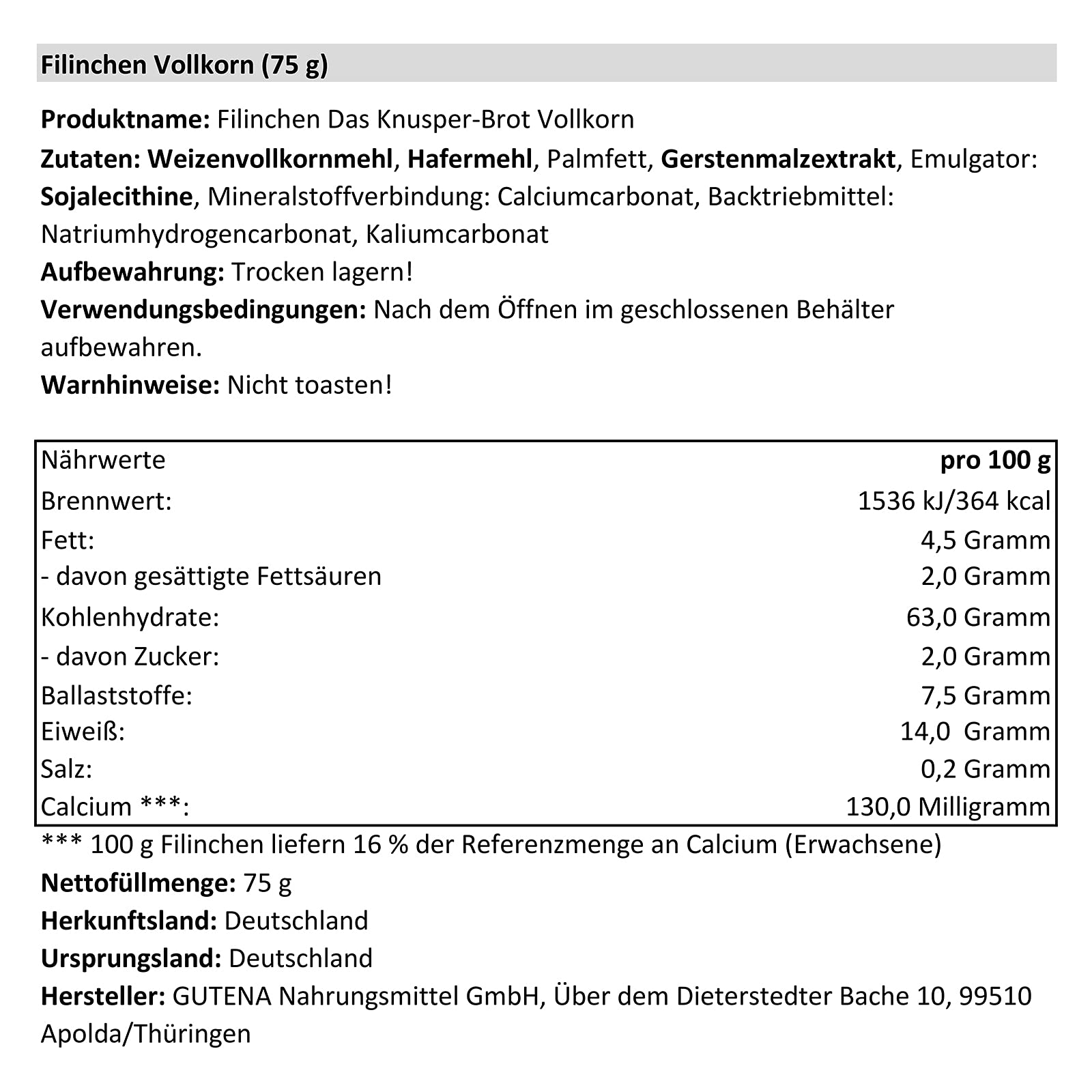30er Pack Filinchen Das Knusper-Brot Vollkorn 30 x 75 g laktosefrei zuckerarm natriumarm
