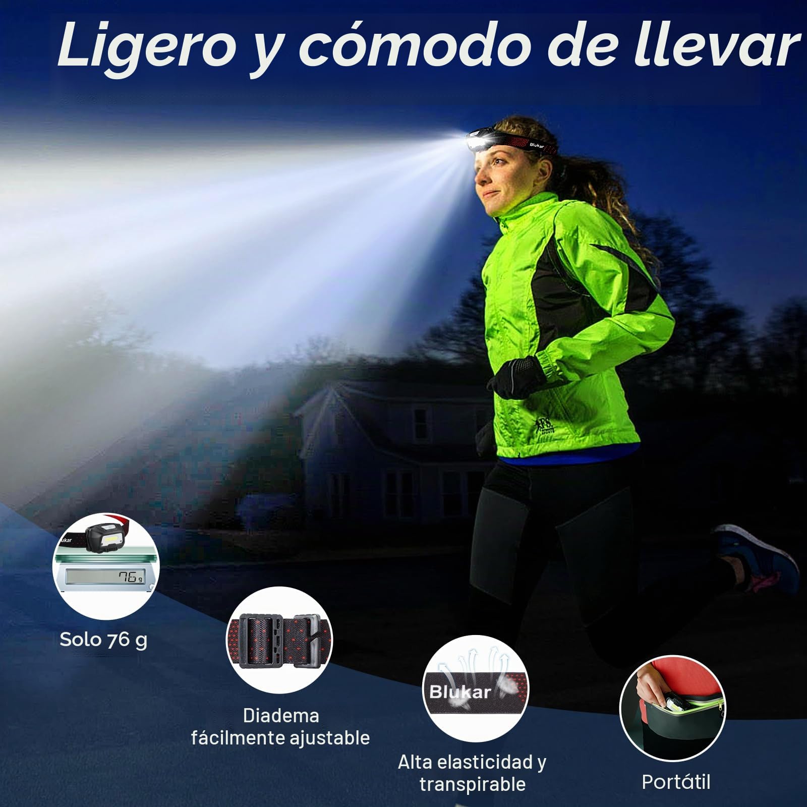 Blukar Linterna Frontal LED Recargable 2000L, IPX5 Impermeable, 30h Funcionamiento, 6 Modos