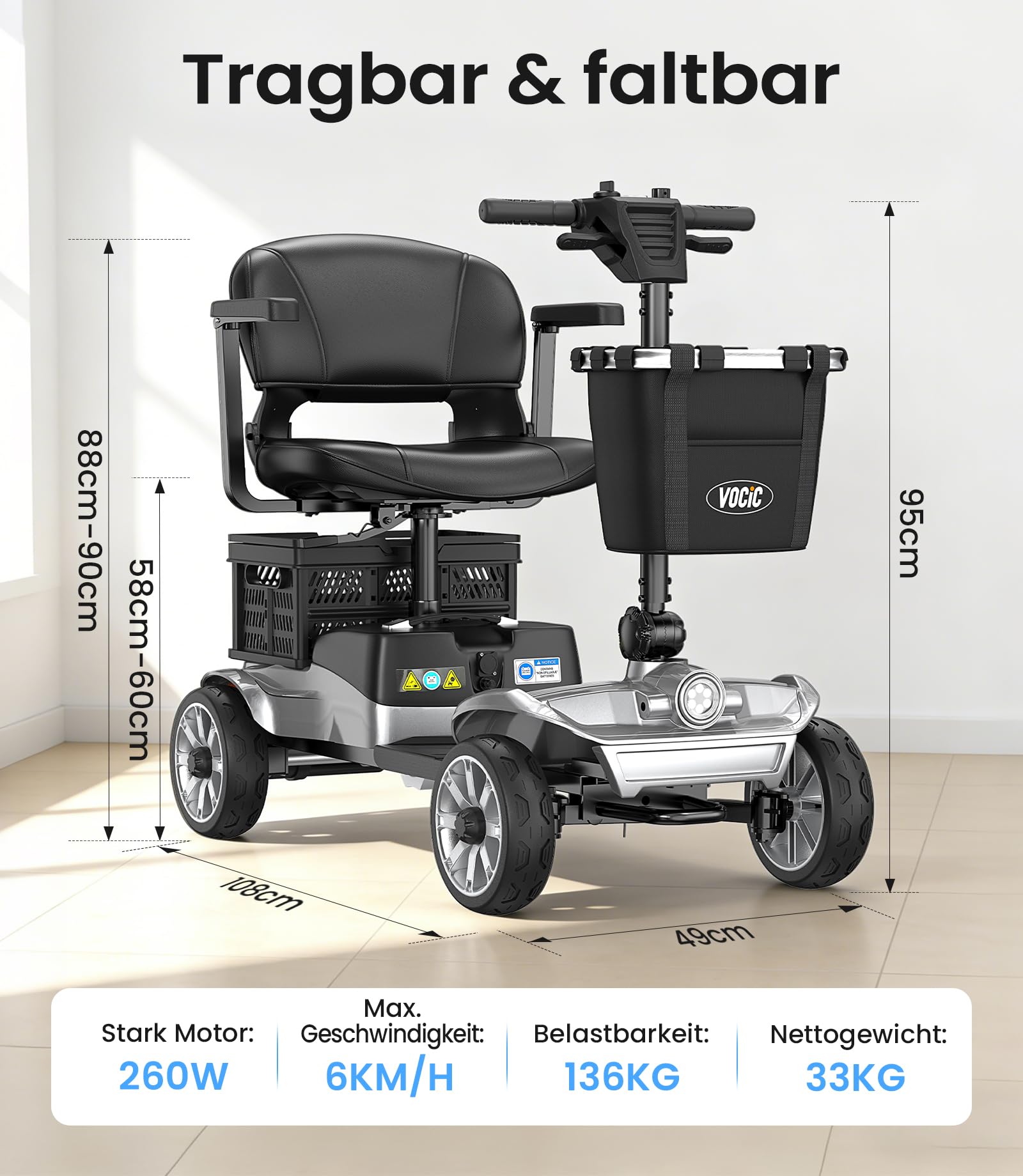 VOCIC D35 Seniorenmobil klappbar 35KM, 40L Doppelten Korb Elektromobil für Senioren bis 136KG, mit 20CM großen Rädern, 40L Doppelten Korb ergonomischer verstellbarer Sitz abnehmbarer Akku, Grau Silber