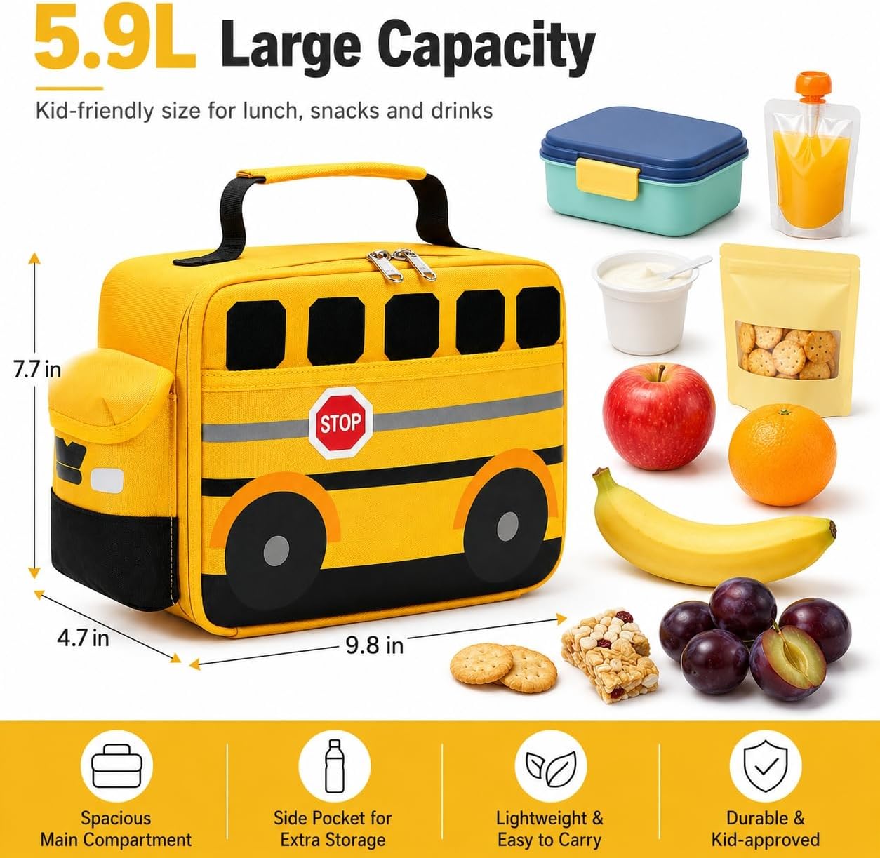 Bluboon 3D School Bus Lunch Box for Kids, Insulated Toddler Lunch Bag for Boys, Preschool, Daycare and Kindergarten, Reusable Tote with Front and Side Pockets, Yellow School bus