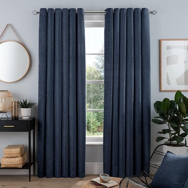 Sleepdown Luxury Chenille Eyelet Lined Curtains for Bedroom and Living Room 2x 90" x 90", 5056242840381 Navy 2 Panels