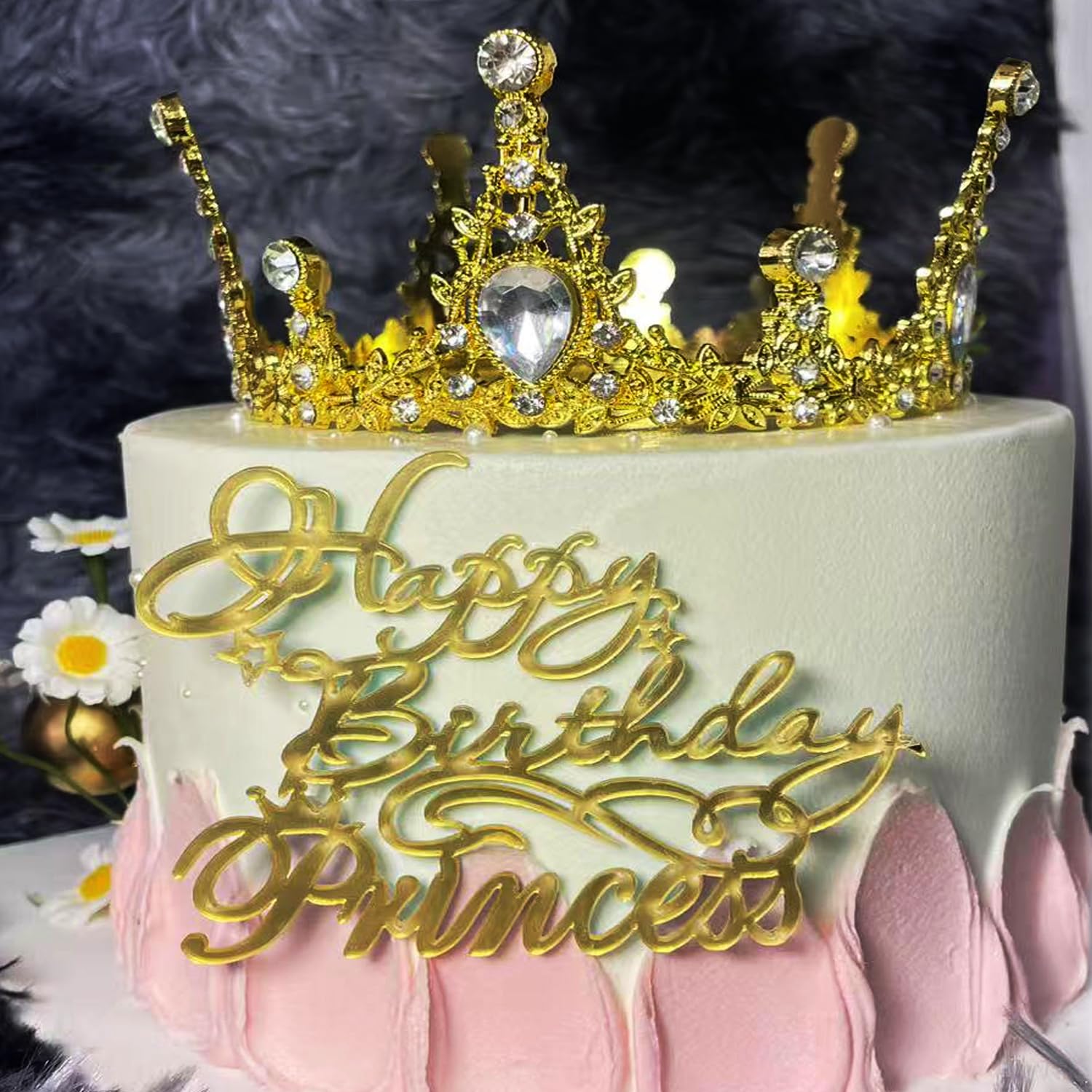 Princess Cake Topper, Gold Happy Birthday Text for Women Princess Queen Cake Topper,Acrylic Cake Decor Side Cake Decoration Women/Girl Birthday
