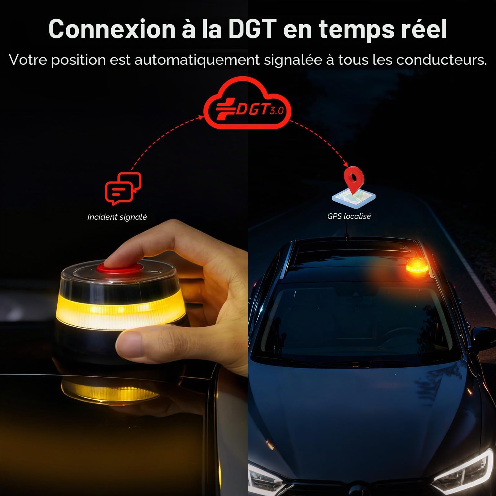 Woox Balise V16 homologuée DGT avec géolocalisation, lumière d'urgence pour Voiture homologuée avec SIM et données gratuites Jusqu'en 2038, certifié DGT 3.0, IP54, sans Applications ni abonnements