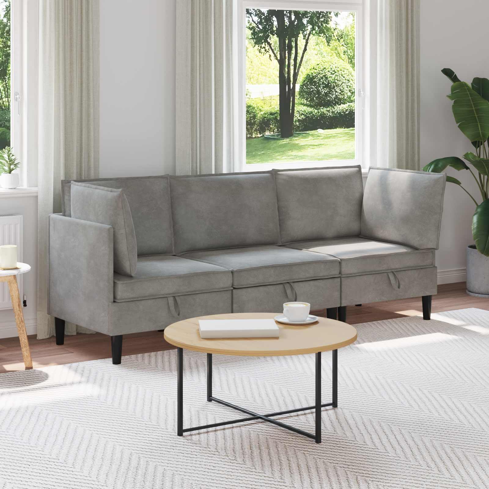 Wohnzimmergarnitur mit Kissen und Speicher, 3-teilig, Hellgrau, Samt, Sofa Set mit Sperrholzrahmen, 210 x 70 x 82 cm, ergonomisch, für Innenbereich, wohnzimmermöbel, sitzgruppe