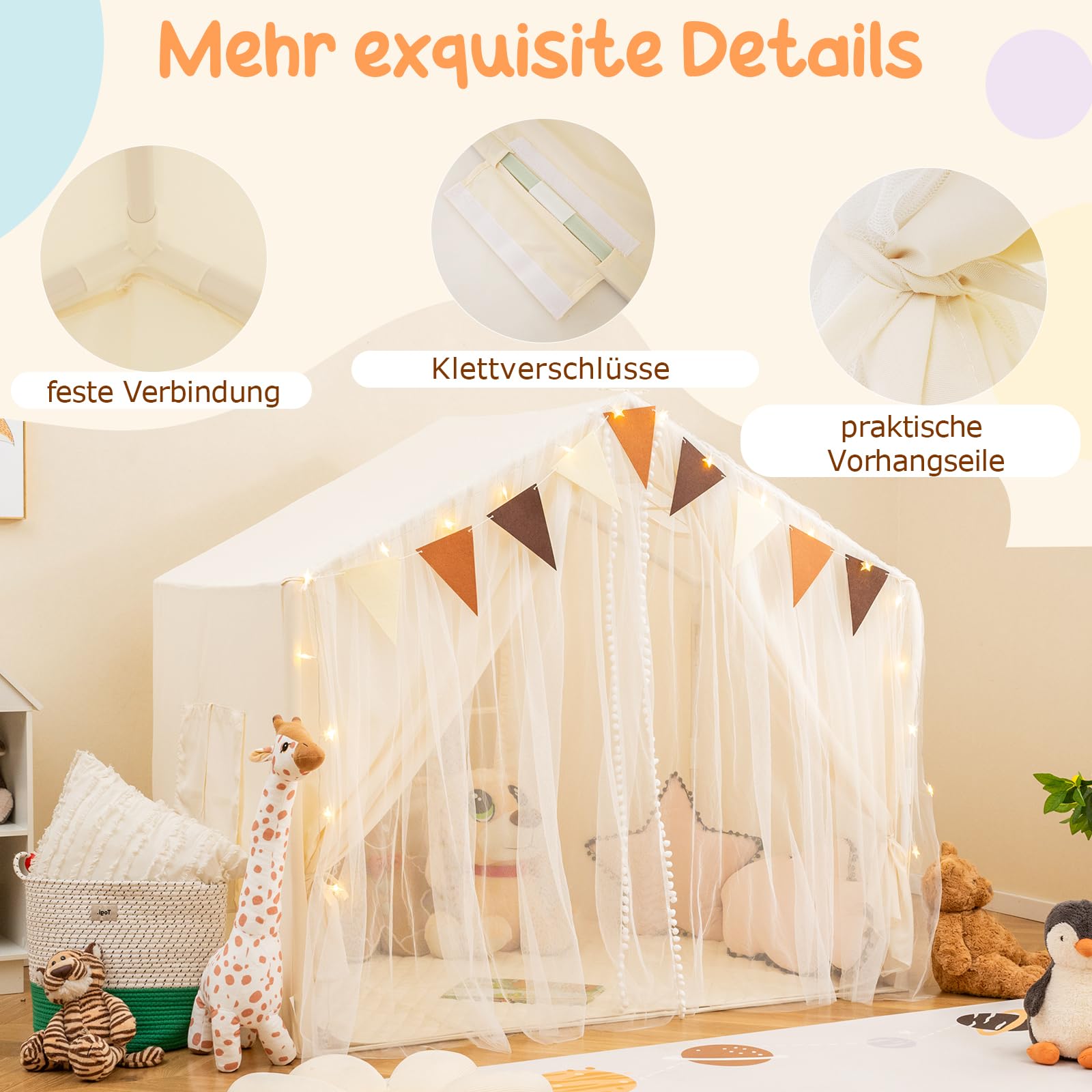 GOPLUS Spielhaus Kinder Indoor, Spielzelt groß mit Vorhängen, Fenstern, Sternenlichtern, bunten Flaggen & gepolsterter Matte, waschbares Kinderzelt für Mädchen & Jungen ab 3 Jahren (Beige)