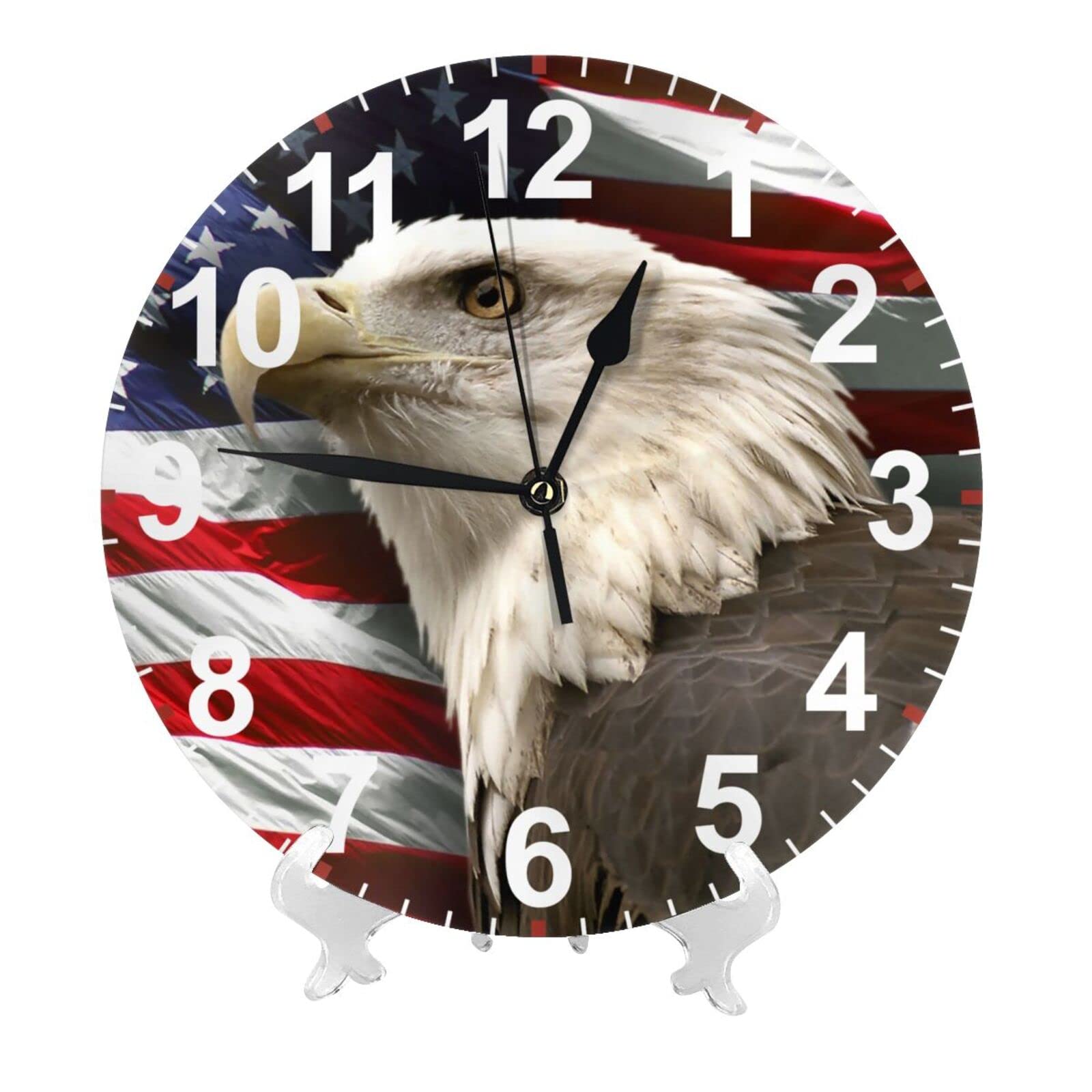 Wall Clock American Flag Bald Eagle Staring 10 Inch Battery Operated Silent Non Ticking Wall Clock Number Quartz Round Wall Clock for Home Office Classroom Bedroom Decor