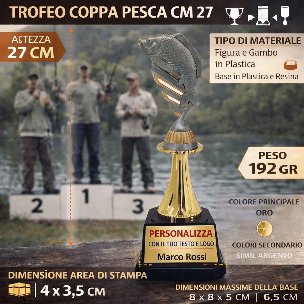 D&Vlab Trofeo Pesca 27 cm Oro con Targhetta Personalizzabile – Coppa Pesca Sportiva per Gare, Tornei ed Eventi