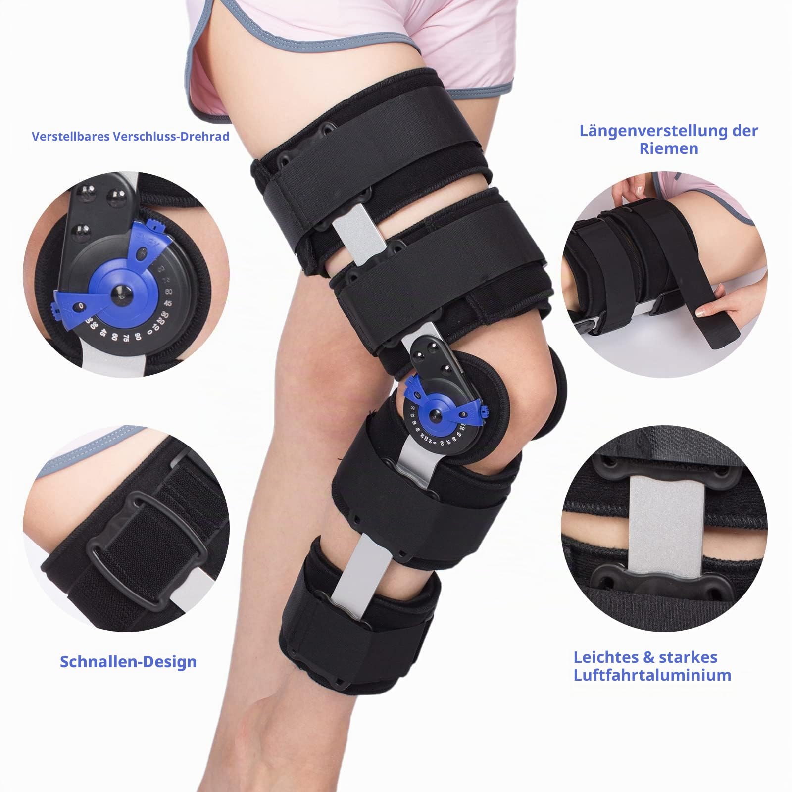 Knieorthese Verstellbare Knieschiene Stabilisierung ROM Post-Op Knie-Wegfahrsperre Verstellbare Knie-Wegfahrsperre mit seitlichen Beinstabilisatoren für Meniskusrisse (Zusätzlicher Schultergurt)