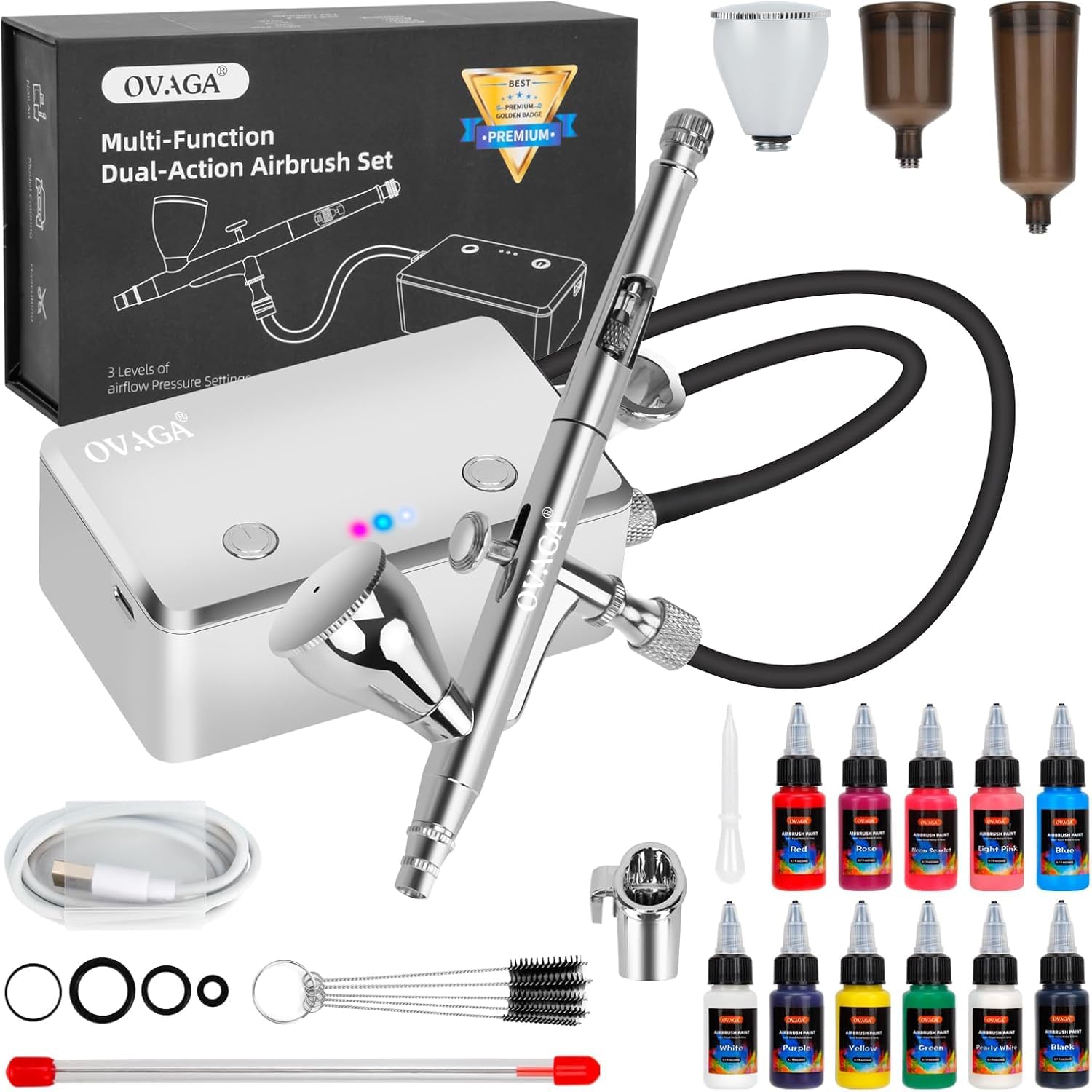 32PSI Airbrush-Kit mit Kompressor, wiederaufladbares Dual Action-Airbrush-Set, portabel, inklusive Airbrush-Farbenset mit 11 Farben für Malerei, Make-up, Modellbemalung, Nageldesign, Silber