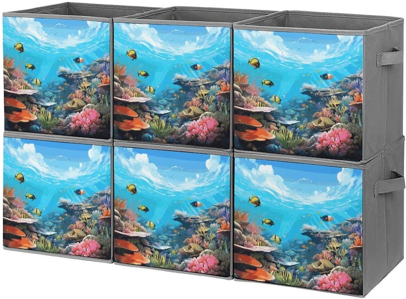 Ocean Scene Storage Cubes Set of 6 Storage Bins with Handles Collapsible Storage Basket Fabric Storage Box for Shelves Large Closet Shelf Organizer for Organization 11 Inch