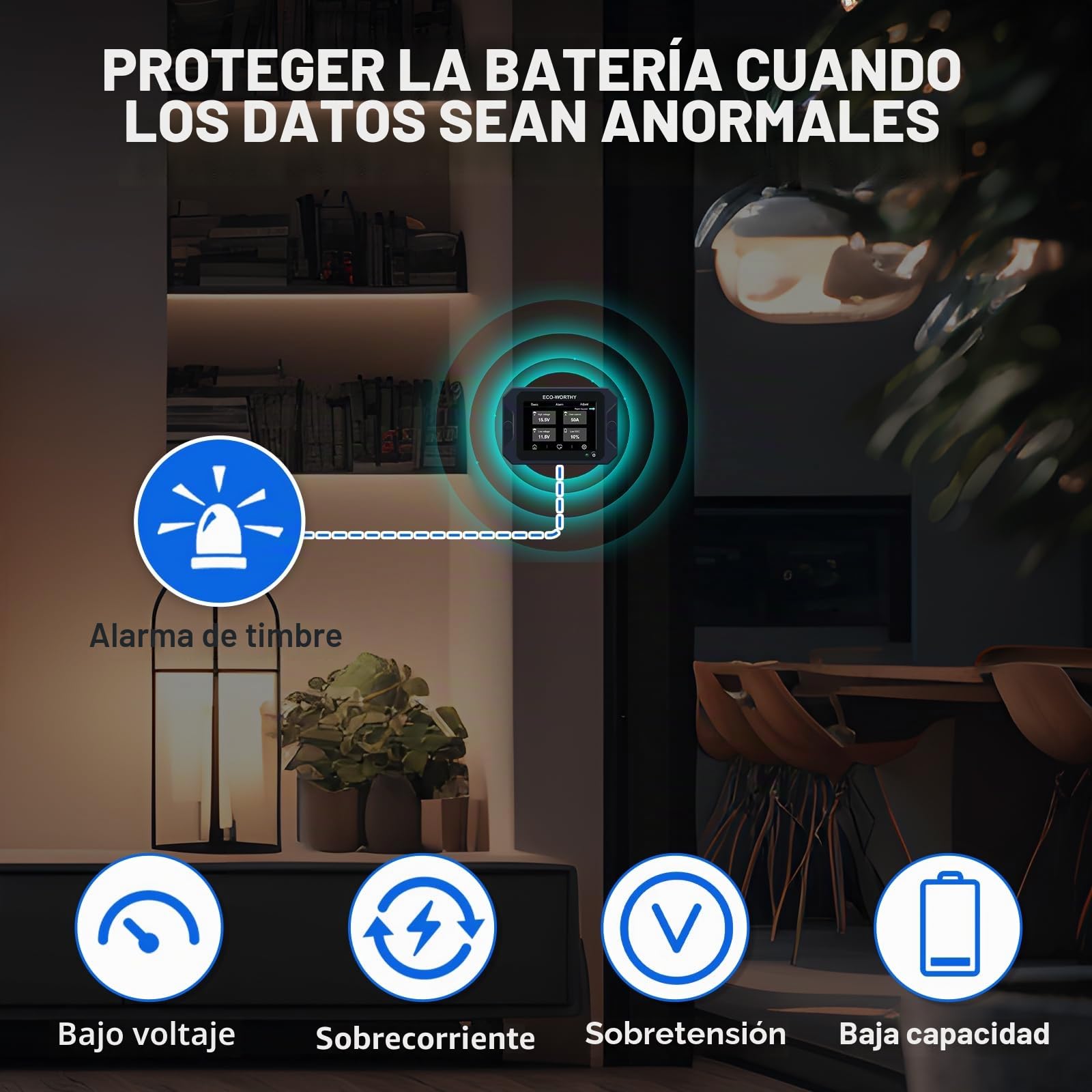 ECO-WORTHY Monitor de Batería de 300A con Sensor Hall, Monitor de Batería 9-80V para Batería Li-ion/LiFePO4/AGM/Gel en Sistema Solar/Carro/RV