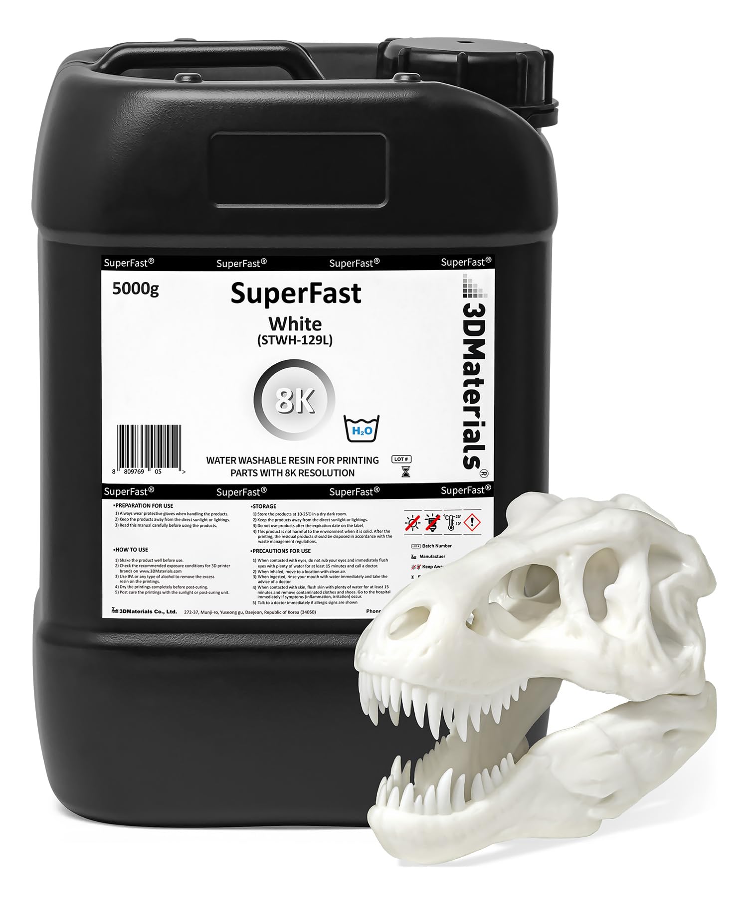 SuperFast 8K 3D Printer Resin Water Washable, 50um Print in 0.5 sec, Made in Korea by 3DMaterials (White, 5000g)