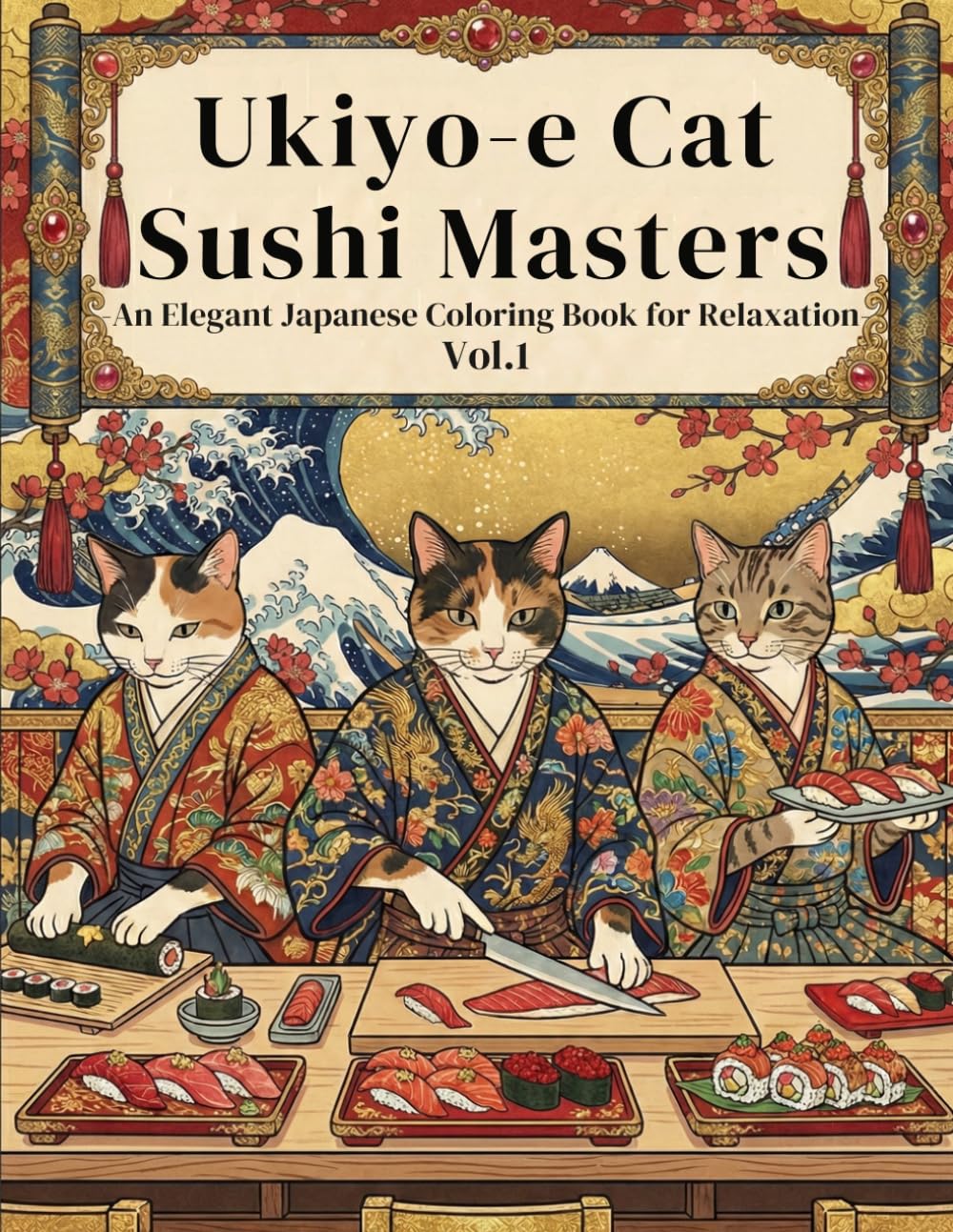 Ukiyo-e Cat Sushi Masters　An Elegant Japanese Coloring Book for Relaxation: Japanese Ukiyo-e Inspired Coloring Book for adults / Woodblock Style Art / ... & Relaxation / Sushi Chef Cat Illustration