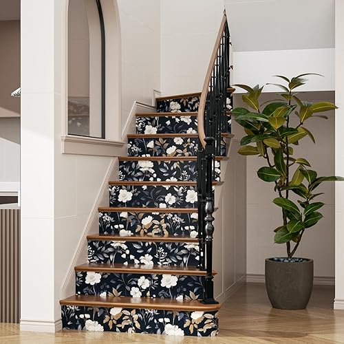 Miniatura 4 de Papel tapiz floral azul oscuro para despegar y pegar, papel de contacto de hojas bohemias, papel de contacto con flores oscuras, extraíble,