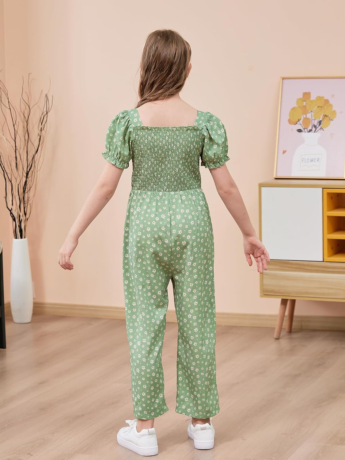GORLYA Girls Puff Sleeve Casual Button Shirred Jumpsuit Outfits Straight Wide Leg Pant Jumper Rompers 4-14T
