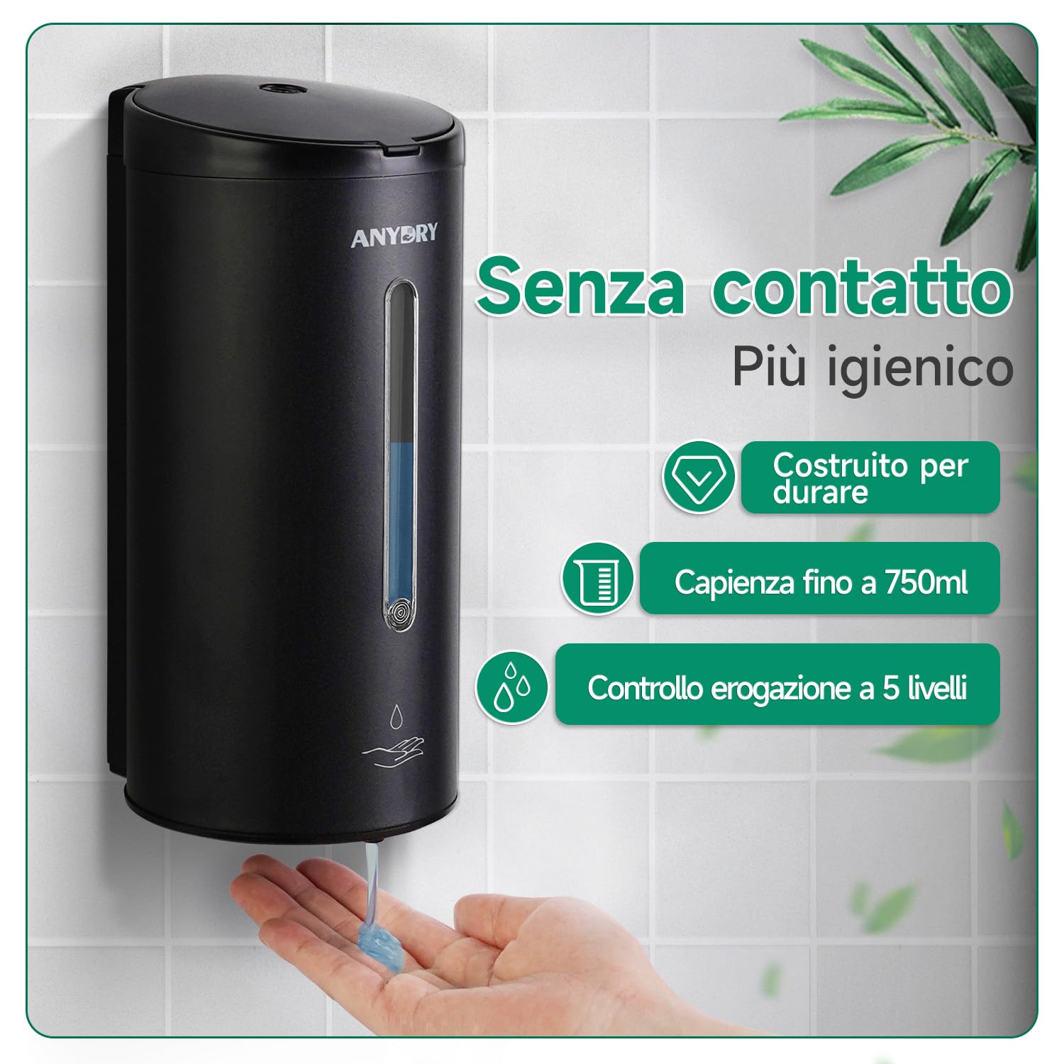 anydry Dispenser automatico a parete per sapone liquido anydry 750ml (uso commerciale) – Rivestimenti anticorrosione, Modello 1205E （Nero Opaco）