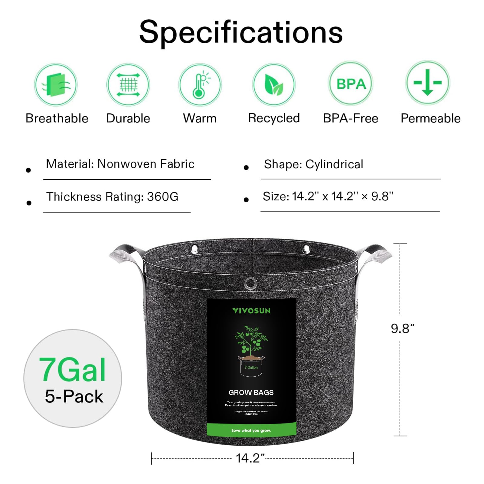 VIVOSUN Grow Bags 5-Pack 30L, 500G Thick Nonwoven Fabric Pots with Strap Handles, Multi-Purpose Rings - Image 2
