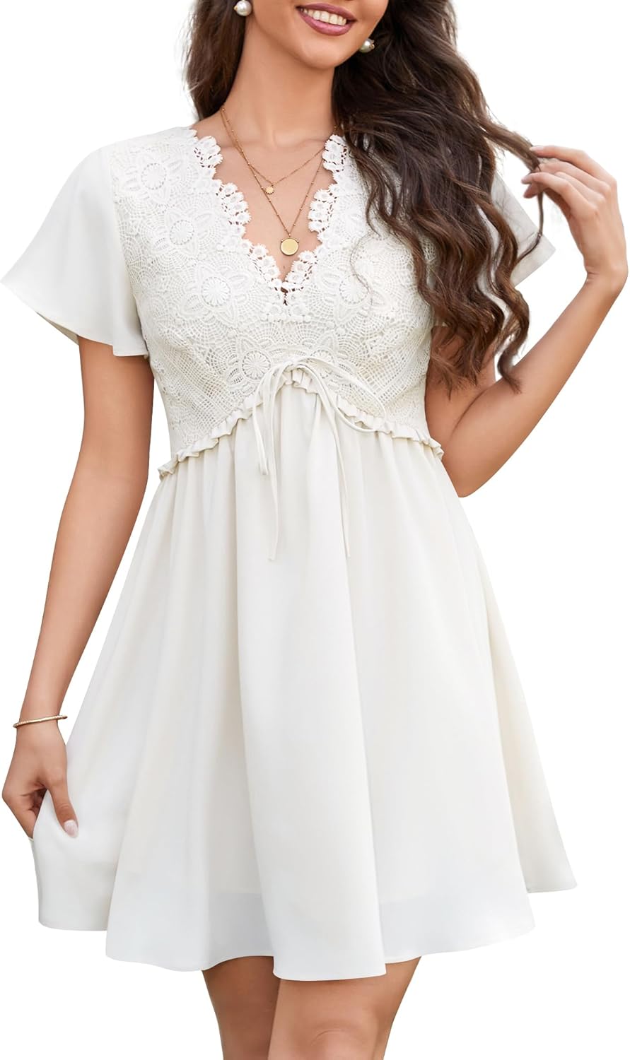 Florboom Women's Floral Lace Boho Deep V Neck Mini Dress Flutter Short Sleeve A-Line Flowy Dresses