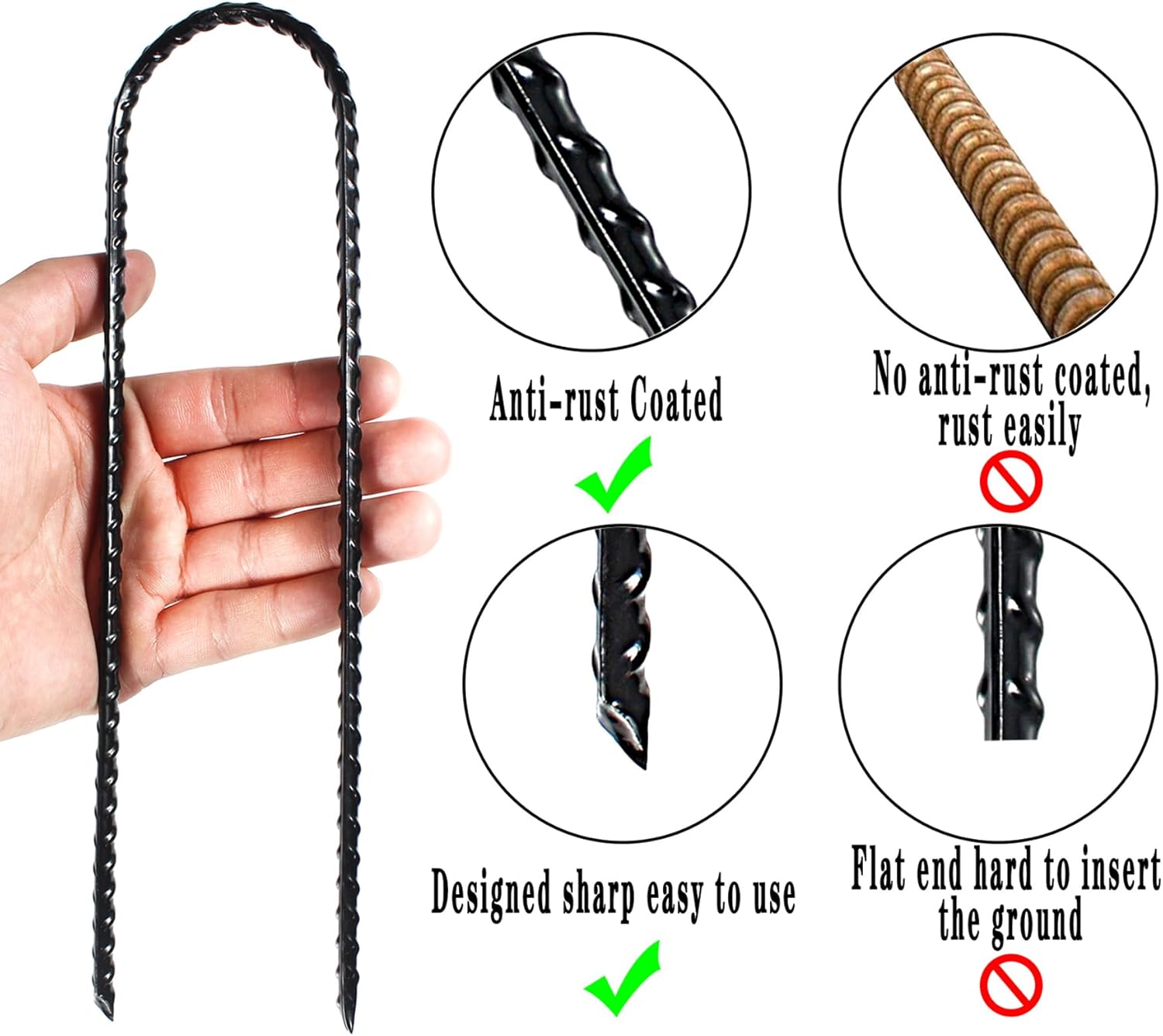 10-Inch Trampoline Wind Stakes U Shaped Rebar Ground Stakes Ground Anchors for Trampoline Security, Swing Set, Camping, Fences, Hoses and More (20, Black)