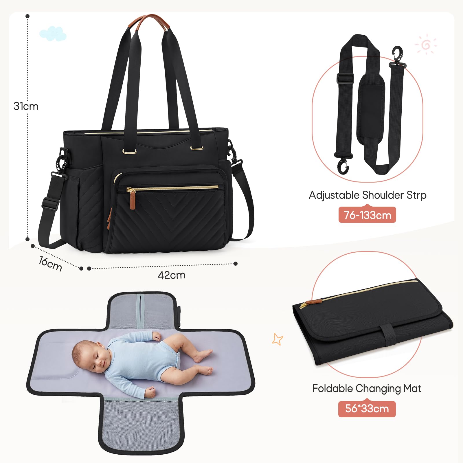 RAINSMORE Sac à Langer Sac Bébé avec Pochette Sucette et Matelas à Langer