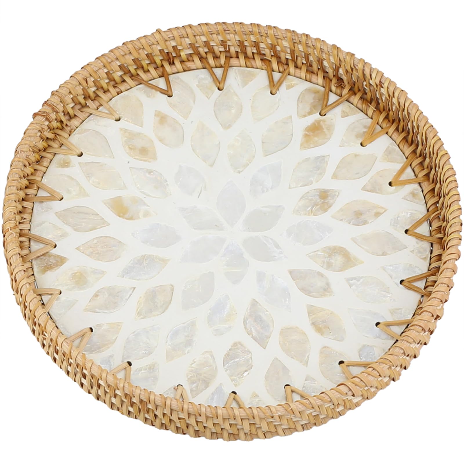 Natural woven rattan round storage tray, inlaid with mother-of-pearl, handcrafted tray suitable for snacks, bread, breakfast, etc., eco-friendly home and tabletop decoration