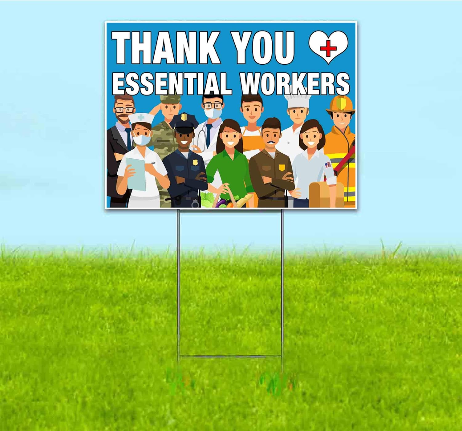Thank You Essential Workers (18" x 24") Yard Sign, Quantity Discounts, Multi-Packs, Includes Metal Step Stake, Bandit, New, Advertising, USA