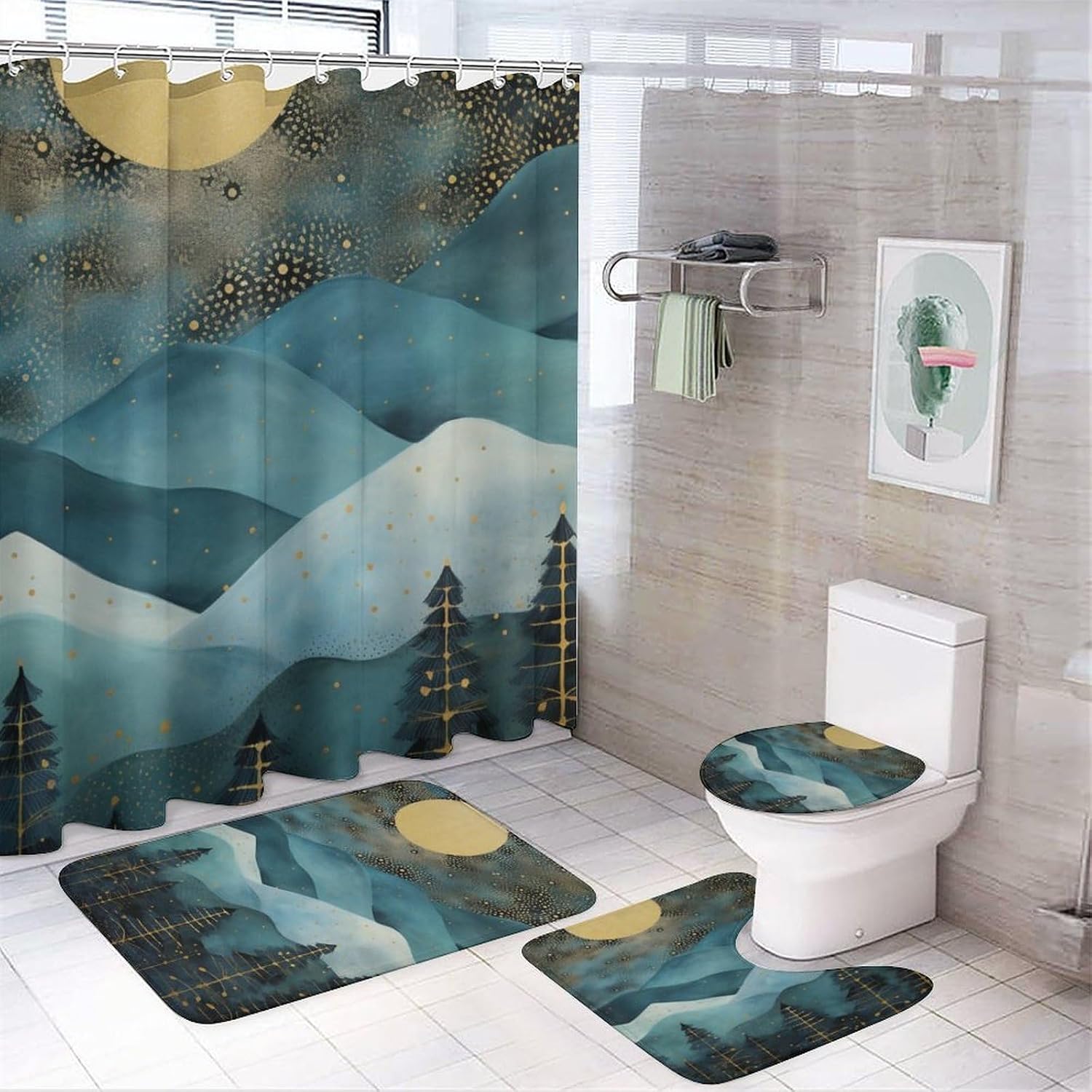 4Pcs Abstract Woods Scenery Waterproof Shower Curtain Sets for Bathroom