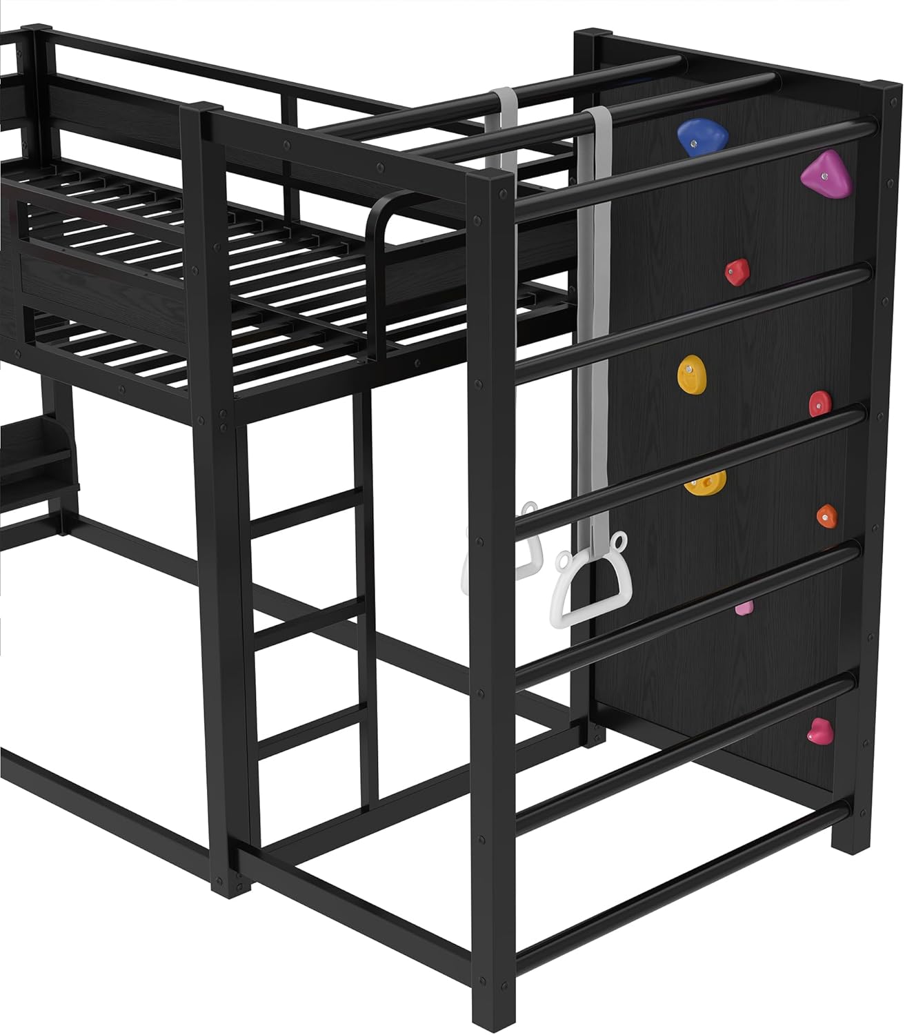 Bellemave Twin Size Bunk Bed with Basketball Hoop, Pull-up Rings and Climbing Wall, Twin Bunk Bed with Slide and Bookcase, Heavy Duty Bunk Beds with Guardrail, Black