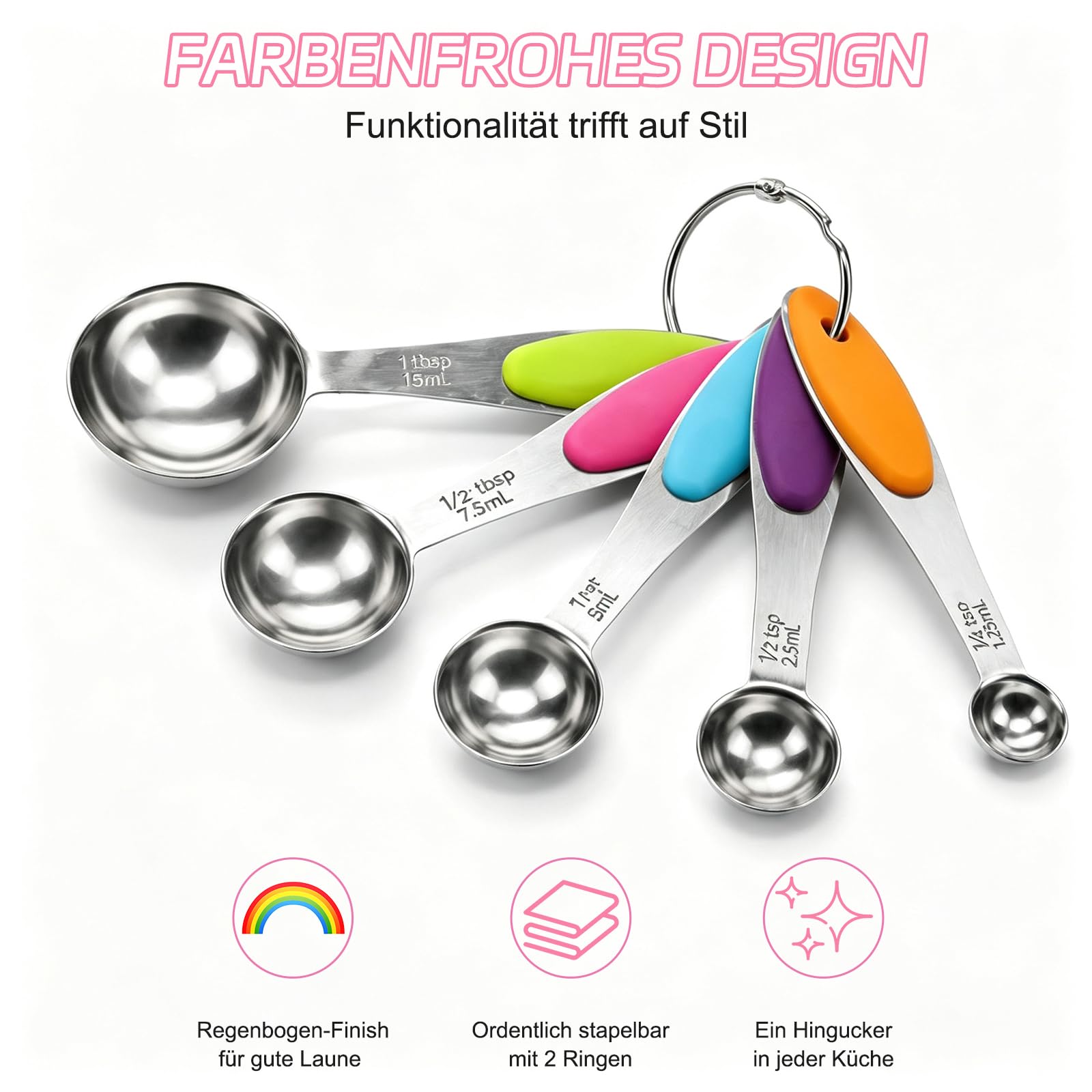 10-teiliges Messlöffel Set & Measuring Cups aus Edelstahl, bunte Messbecher & Löffel Set mit 2 Ringen, spülmaschinenfestes Backzubehör für Küche & Kochen