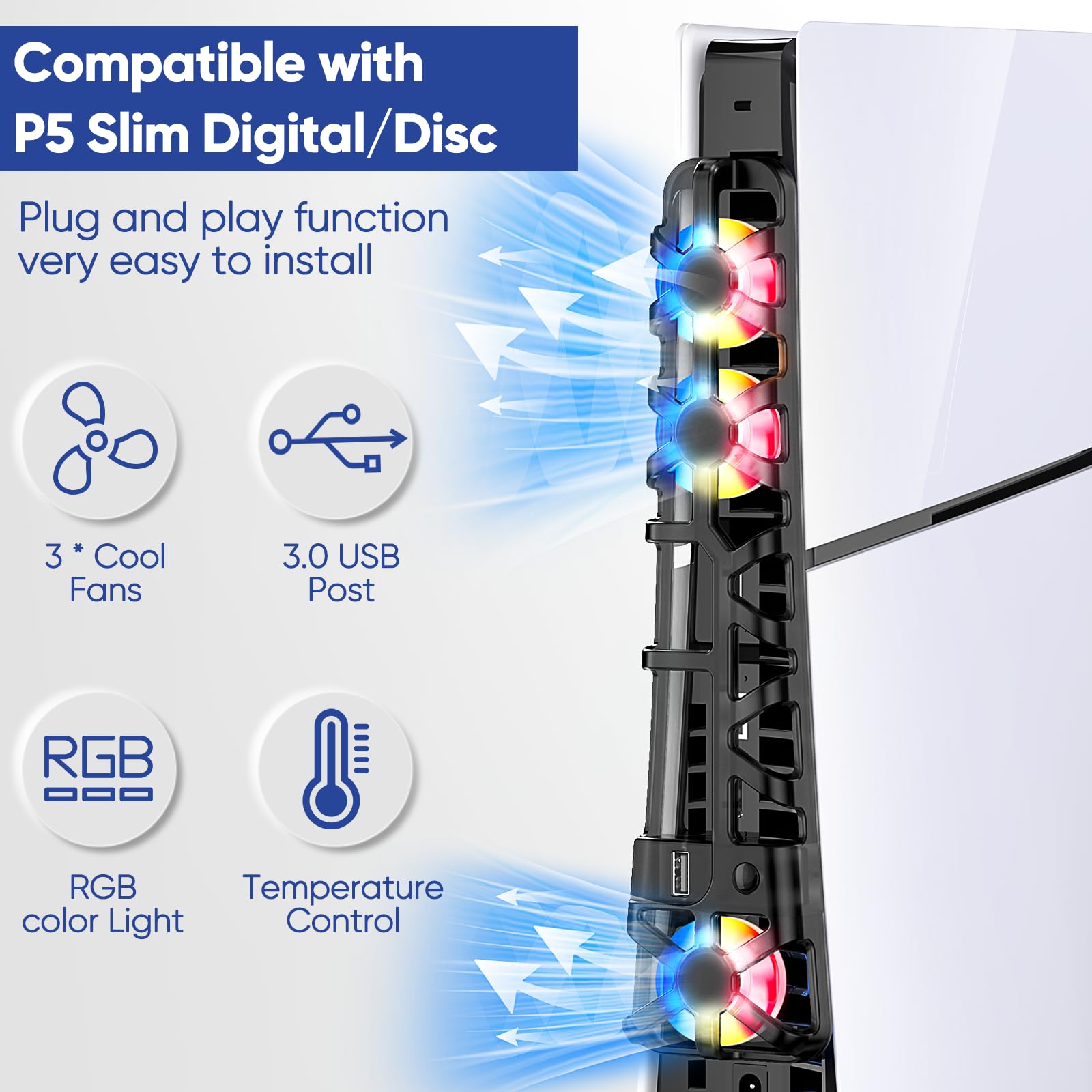 FASTSNAIL Ventilador de refrigeración RGB para PS5 Slim, velocidad automática ajustable por temperatura, encendido y apagado automático, sistema de bajo ruido