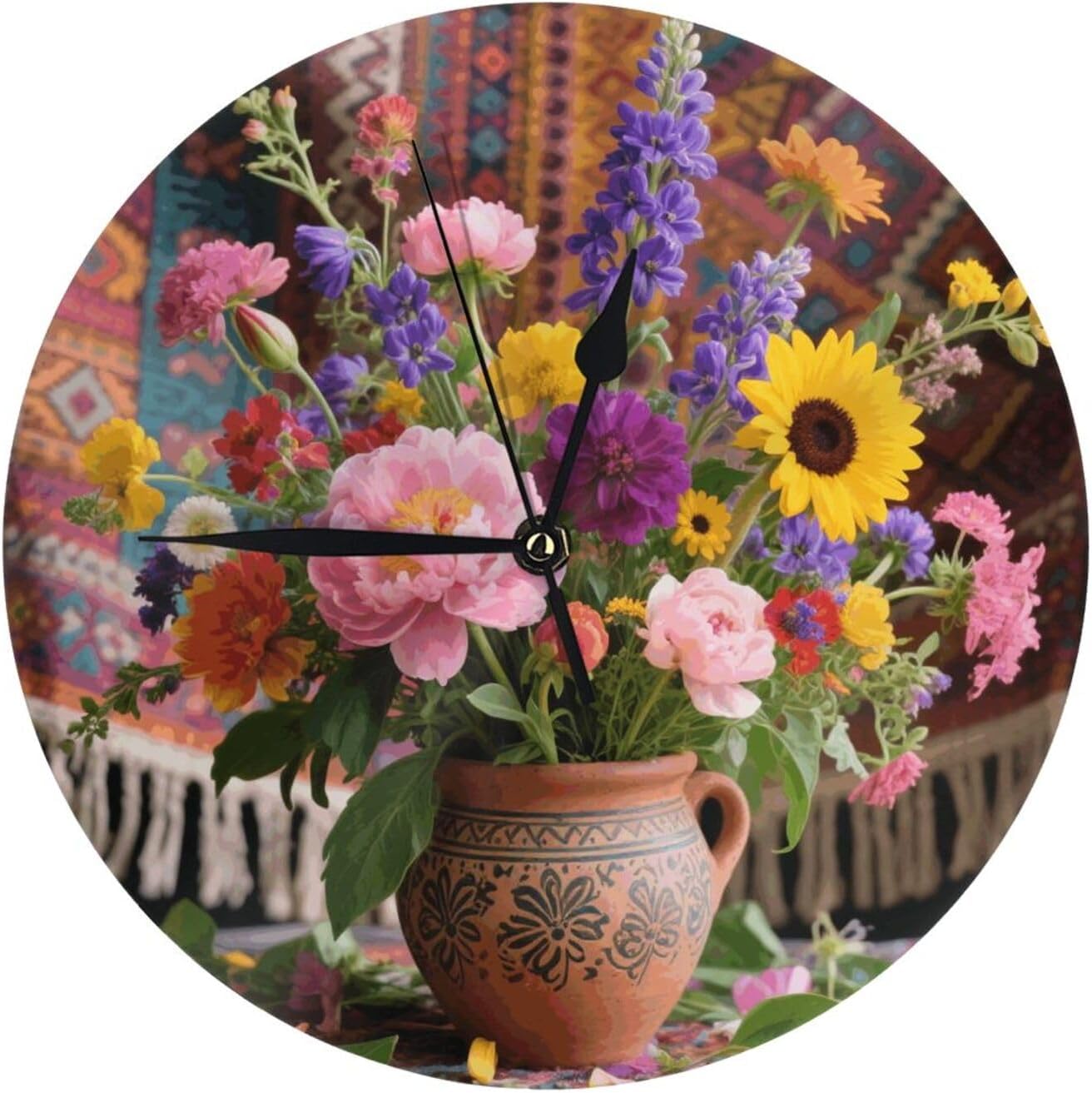 Boho Floral Wall Clock 10 Inch Battery Operated Silent Non-Ticking Round Classic Wall Clocks Decorative Small Analog Clock for Kitchen, Living Room, Office, Bathroom