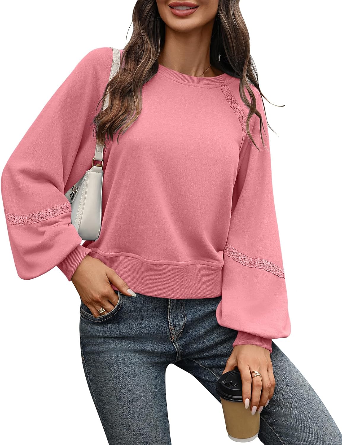 Women's Cropped Sweatshirt Oversized Lace Lantern Long Sleeve Crewneck Cotton 2025 Loose Fit Pullover