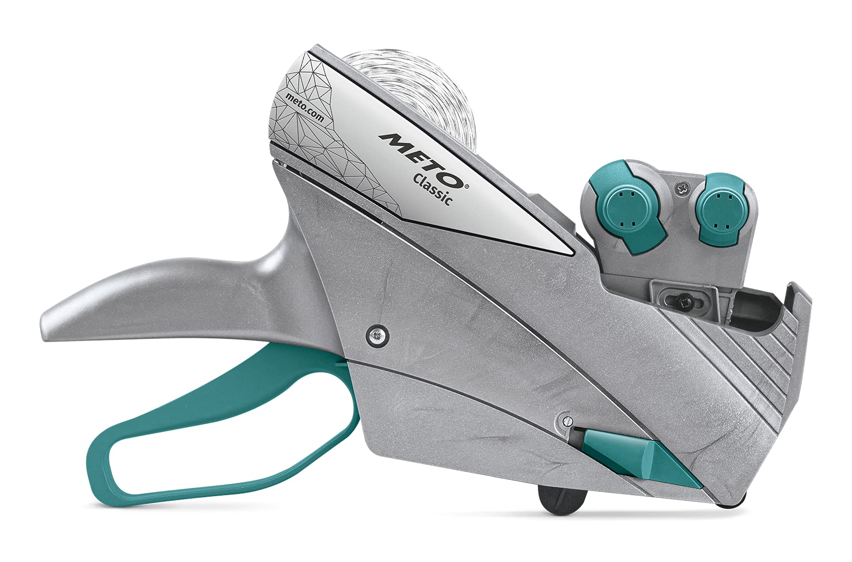 Meto Original Classic XL Giant Preisauszeichner Set – Preis, Rabatt (2-zeilig, 18-stellig für 29 x 28 mm Etiketten, sofort einsatzbereit), 1x Handauszeichner, Silber-Teal