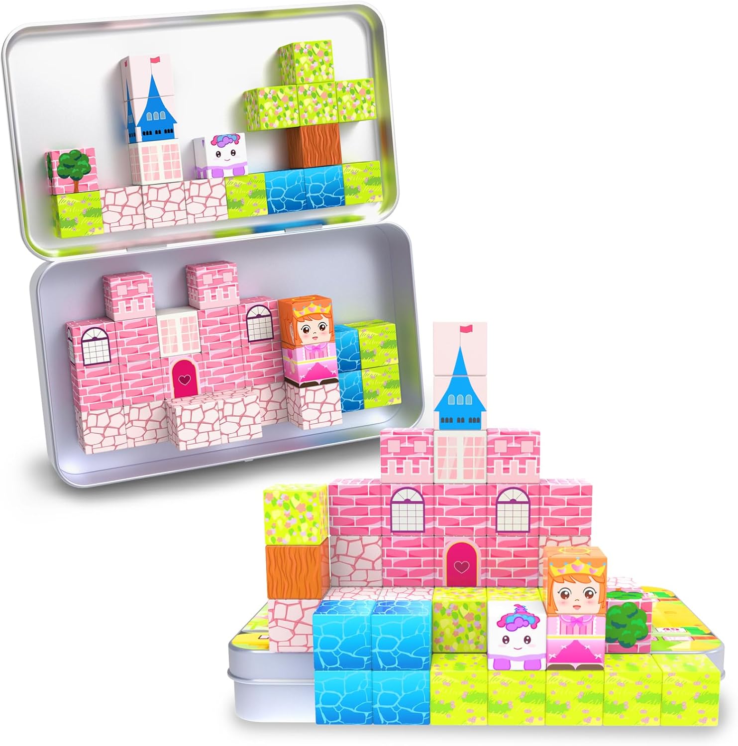 Mini Magnetic Blocks for Kids, 45PCS Travel Magnetic Building Block Cubes with Iron Box, Princess Stacking Magnets Toys for Toddlers, Sensory Montessori Construction Toys.