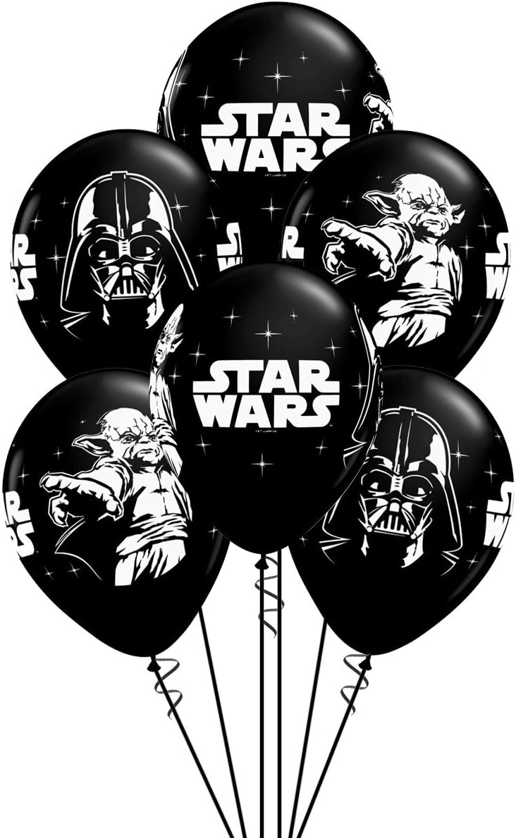 Qualatex Star Wars Biodegradable Latex Balloons Onyx Black with White Prints All-Around of Darth Vader and Yoda, 11-Inch Round (12-Units)