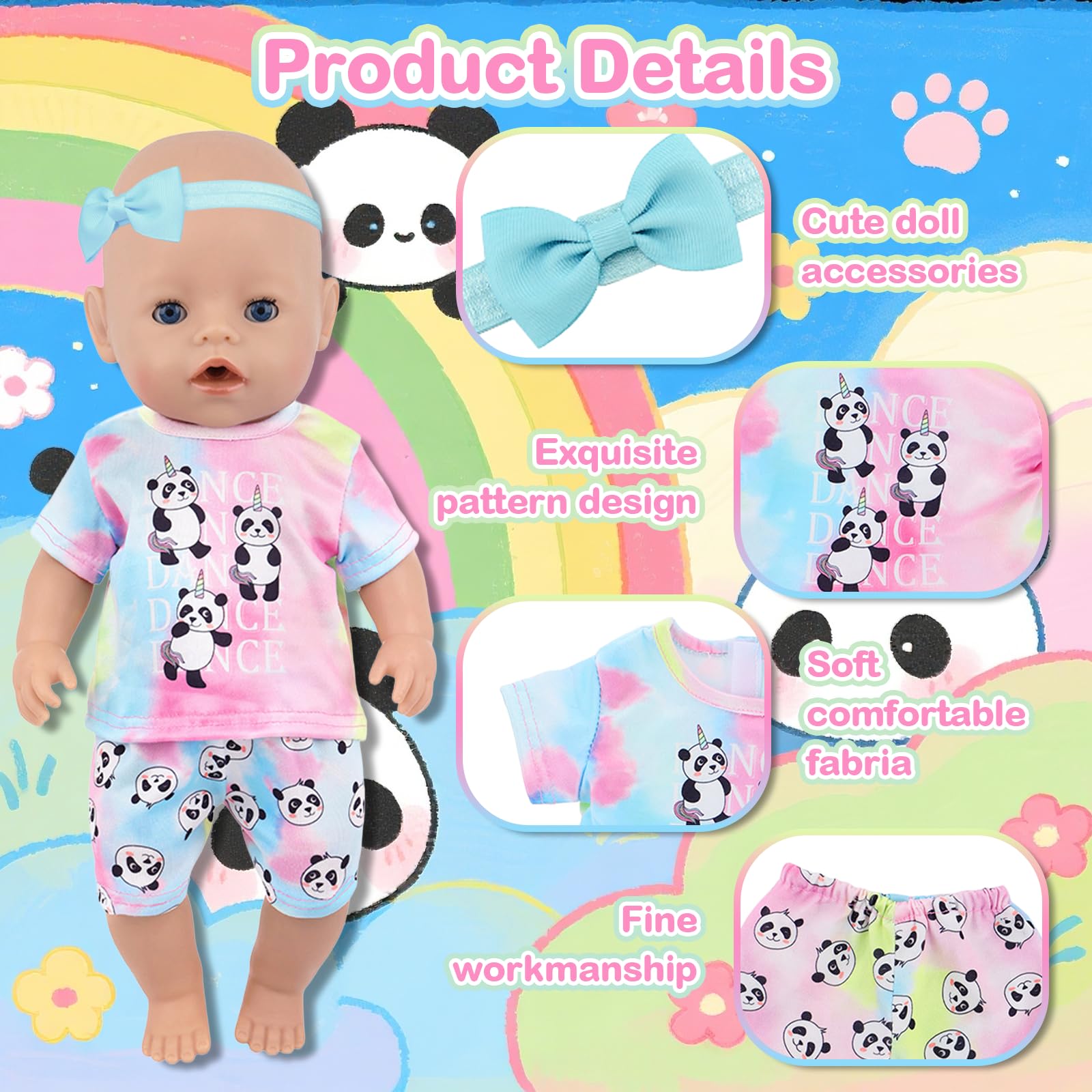 5 Piezas De Ropa Para Muñecas De 30 A 43 Cm – Camiseta De Panda, Pantalón, Diadema, Percha Y Calcetines (set Completo)