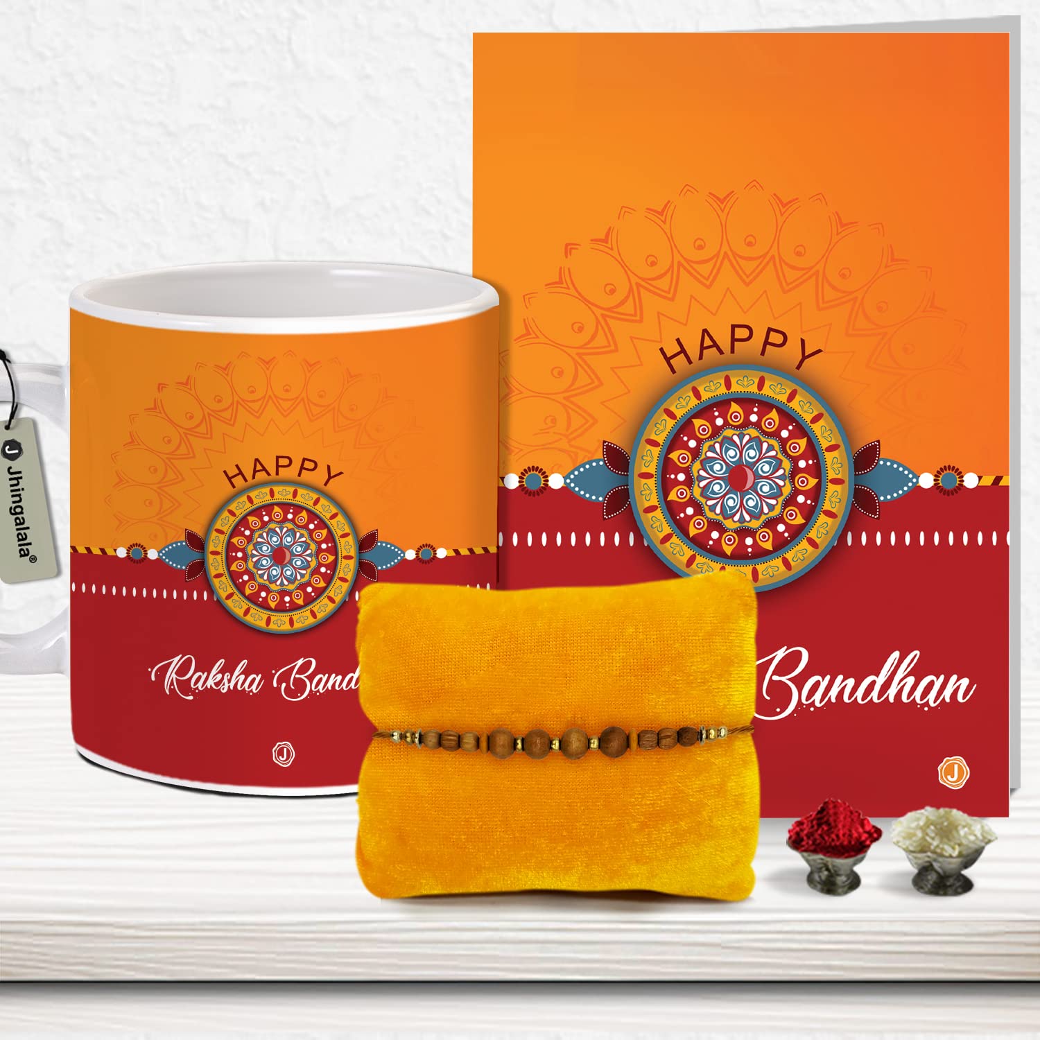 Jhingalala Rakshabandhan Gift for Brother (Designer Rakhi with Roli Chawal, Happy Rakshabandhan Printed Coffee Mug, and Raksha Bandhan Greeting Card)