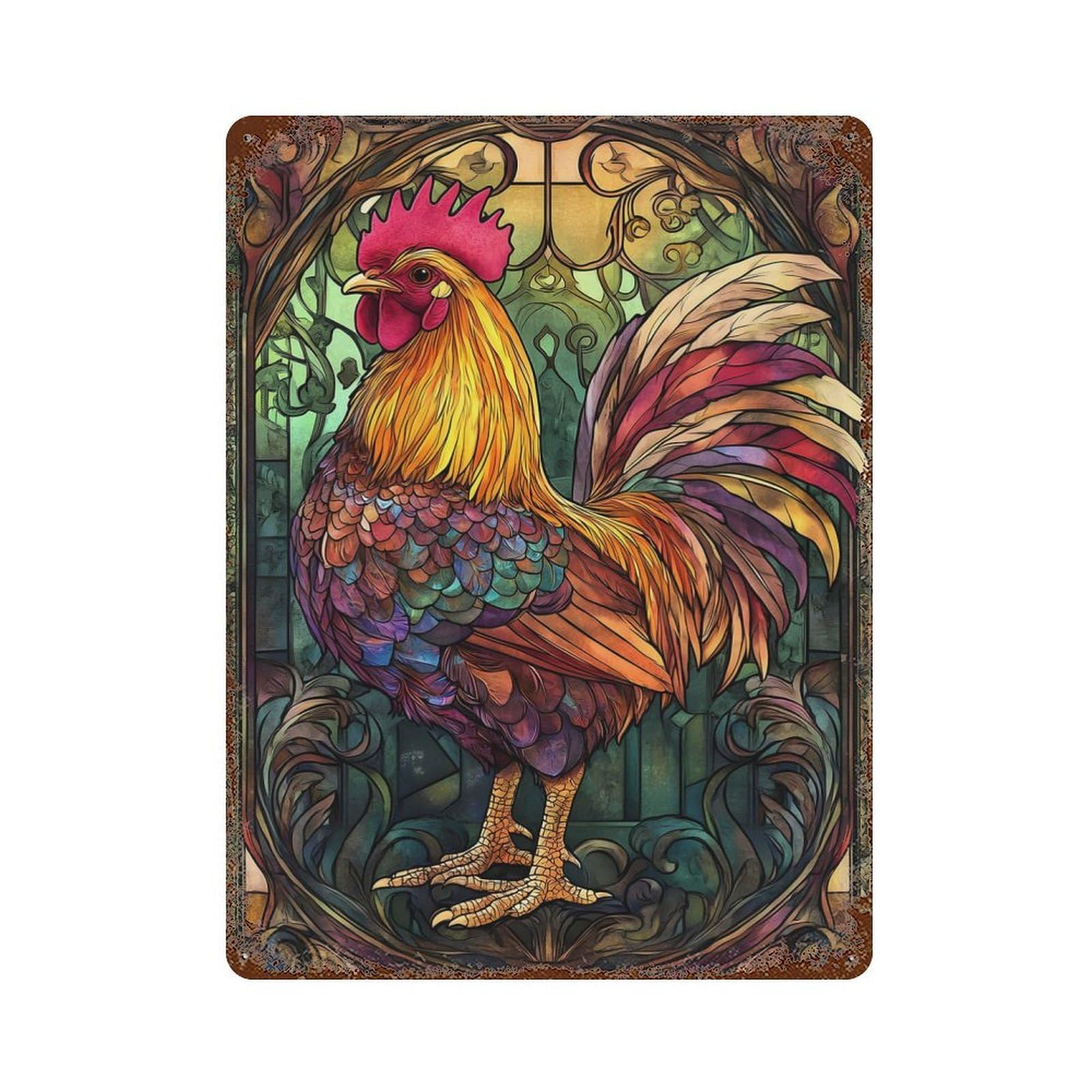 Chicken Art Vintage Wall Sign 15.7"x11.8", Rust Effect Metal Decor for Farmhouse, Kitchen And Entryway Decor