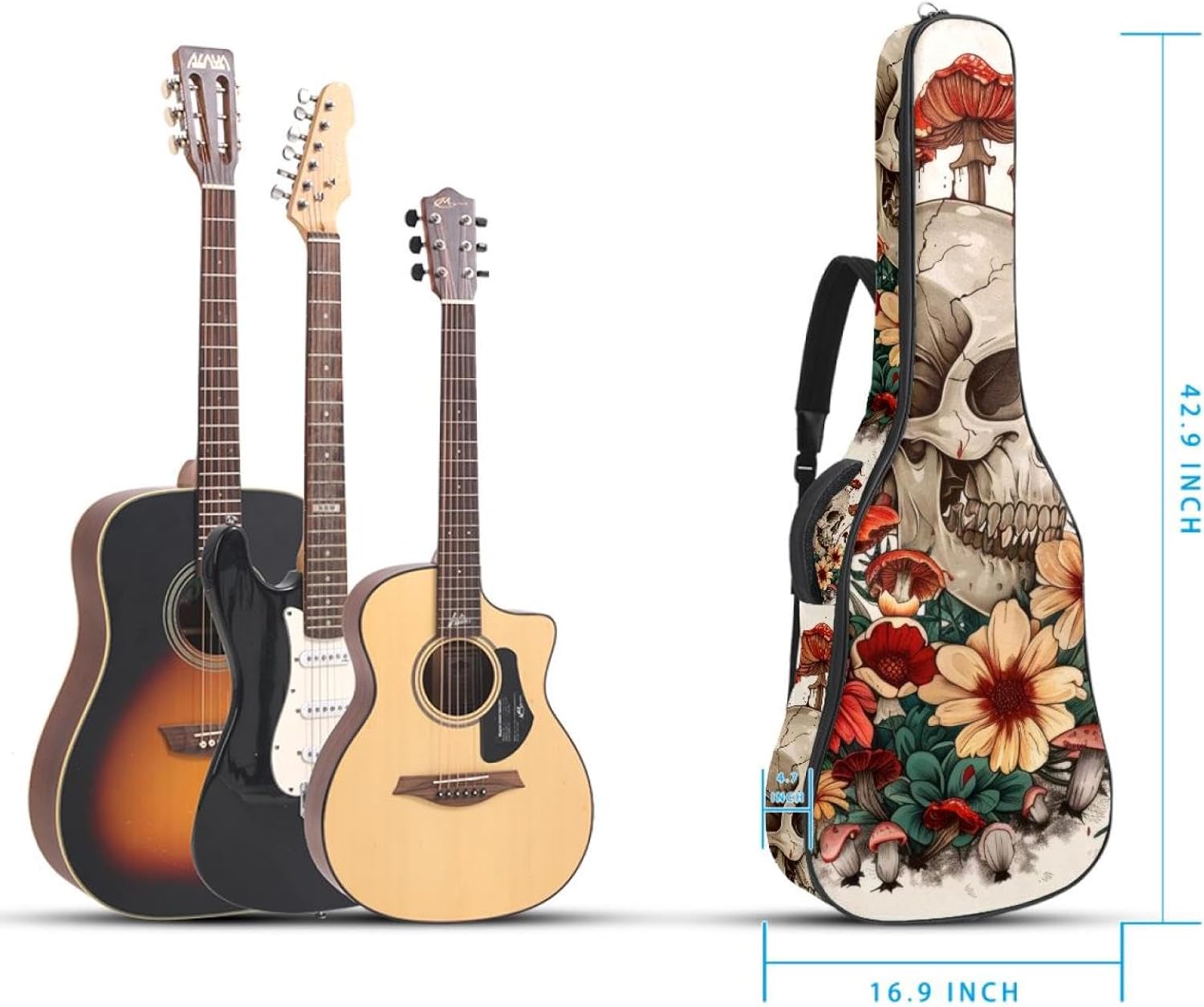 40 41 42 Inch Guitar Bags, Waterproof Padded Acoustic Guitar Case Backpack with Adjustable Shoulder Strap & Pockets, Aesthetic Skull with Cute Floral Mushroom
