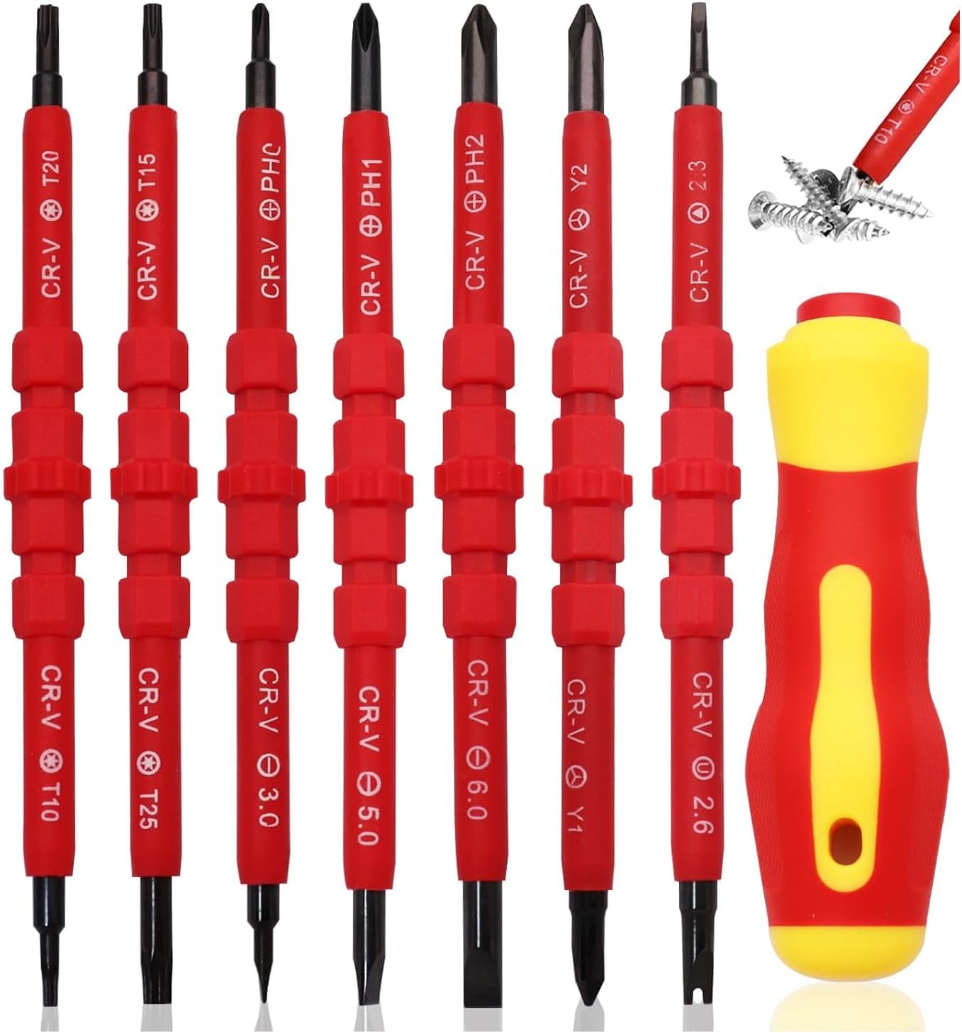 HUHAO 1000V Insulated Screwdriver, 7 in 1 Insulated Electrical Screwdriver Set with Interchangeable Double-ended Bits, Ergonomic Handle, Magnetic Design Electrical Tools for Electrician Household