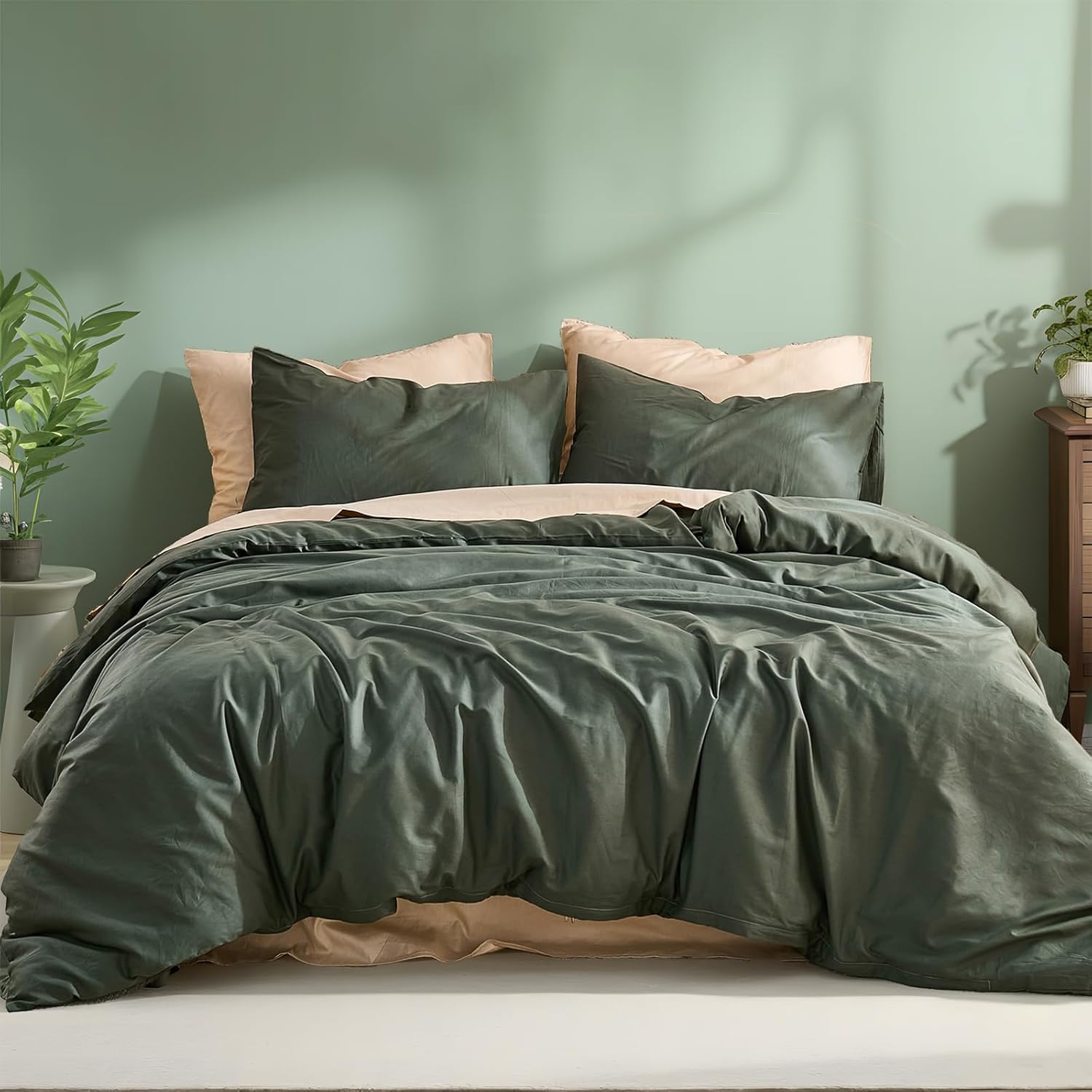 100% Cotton Comforter Set Queen Size – Olive Green, Linen-Like Texture, Super Soft & Breathable Lightweight Bedding Set, 3-Piece Durable Percale Comforter for All Seasons