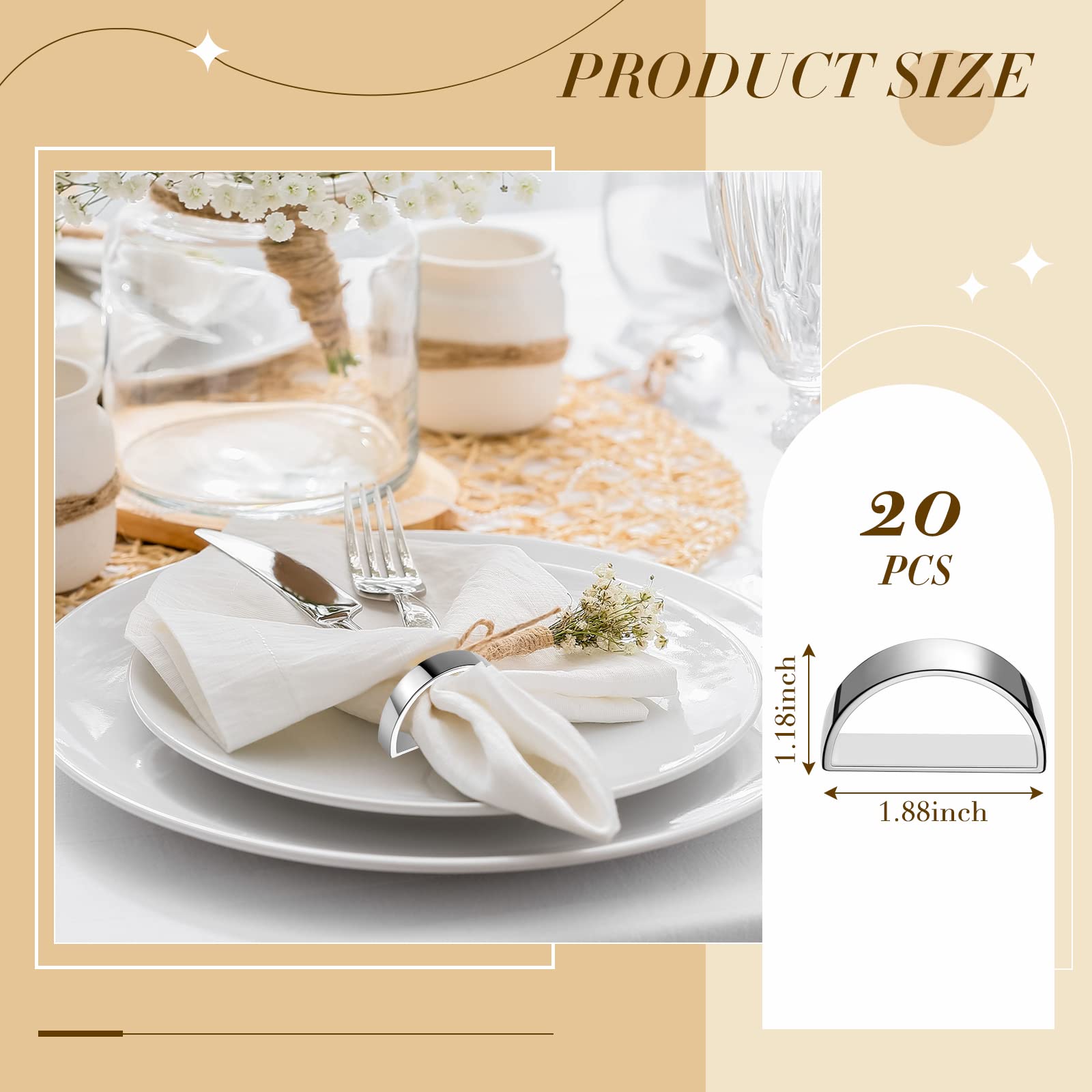 Lot de 20 ronds de serviette modernes en acier inoxydable pour décoration de table, cuisine, dîner, fête, mariage (demi-cercle argenté vif)
